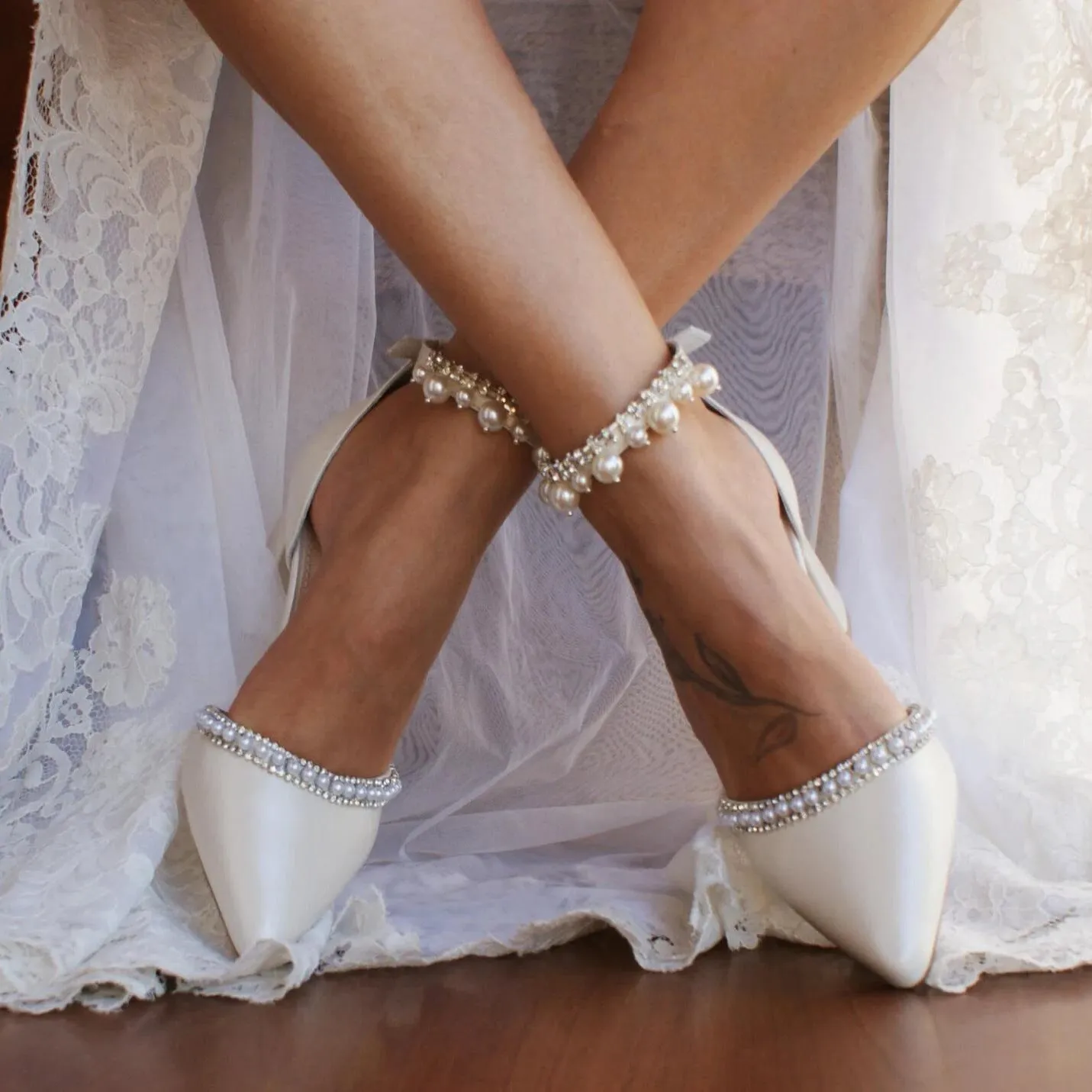 White Pearl Ankle Strap Pointy Block Heels 709119829327 sold by Cocomelody product image thumbnail 5