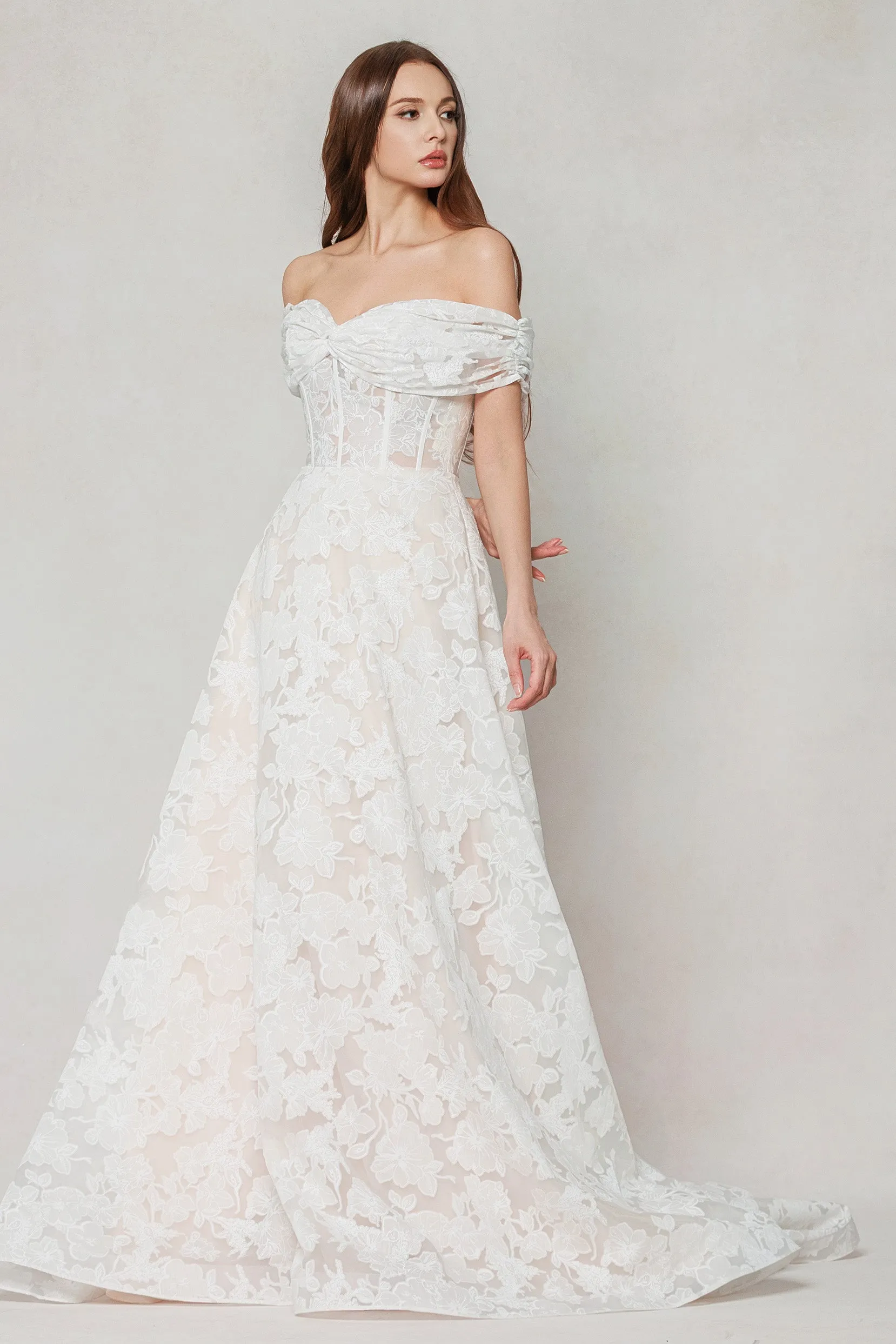 A-Line Court Train Gauze Broche Wedding Dress CW3623 sold by Cocomelody product image thumbnail 5