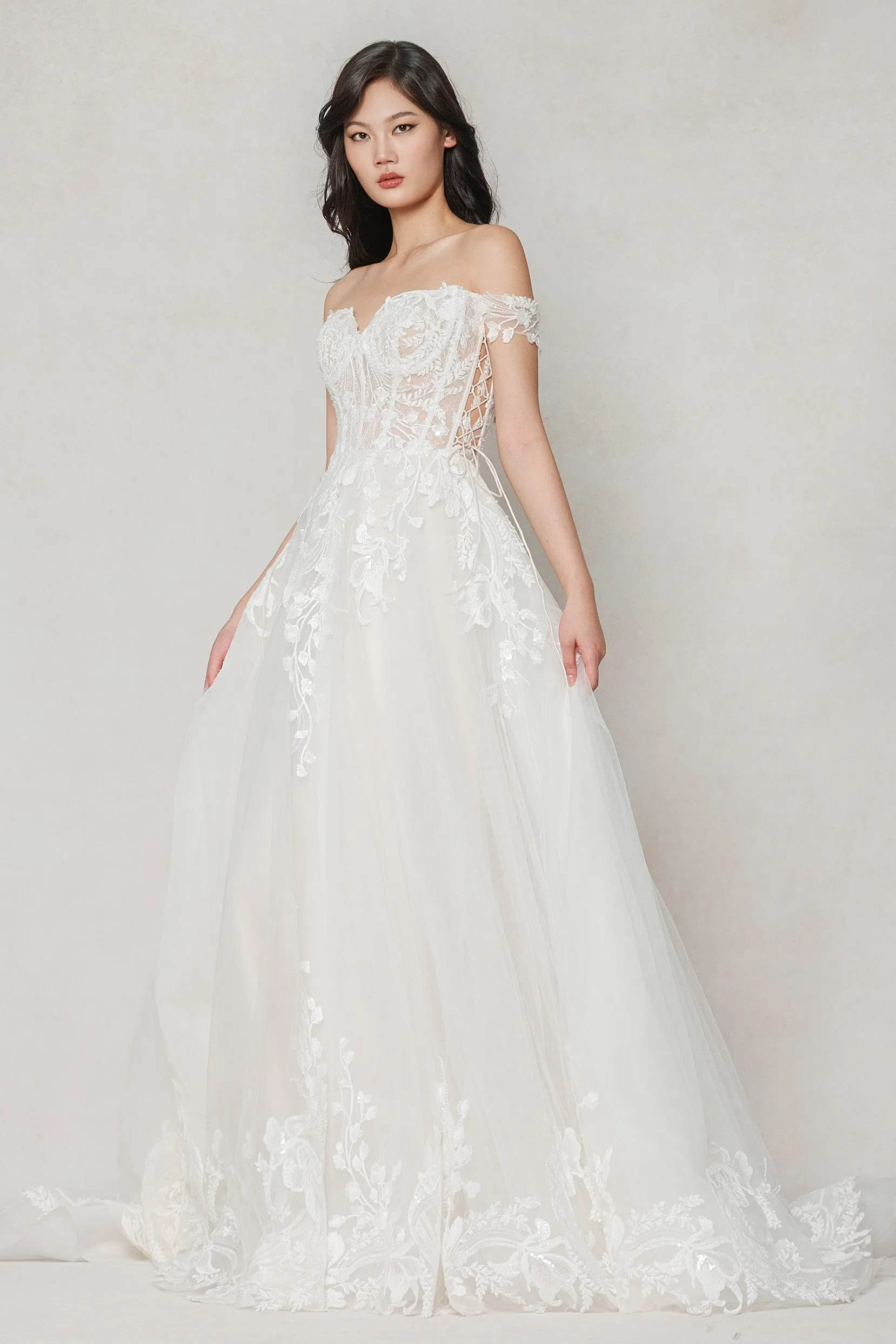 A-Line Sweep-Brush Train Tulle Wedding Dress CW3618 sold by Cocomelody product image thumbnail 5