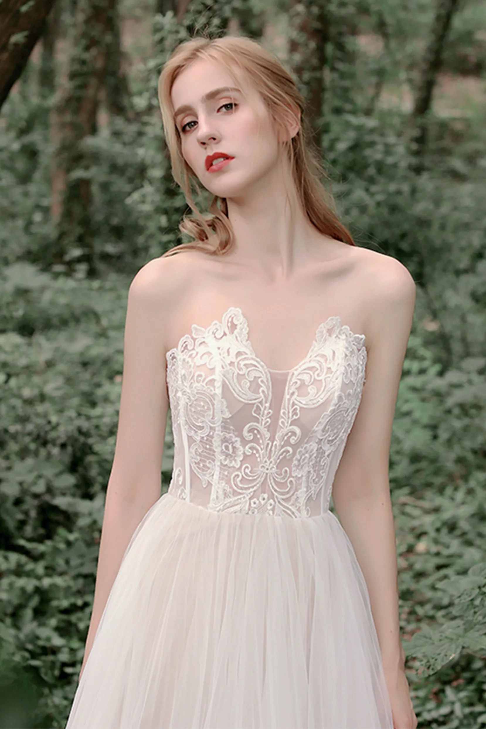 A-Line Sweep-Brush Train Lace Tulle Wedding Dress CW2749 sold by Cocomelody product image thumbnail 4