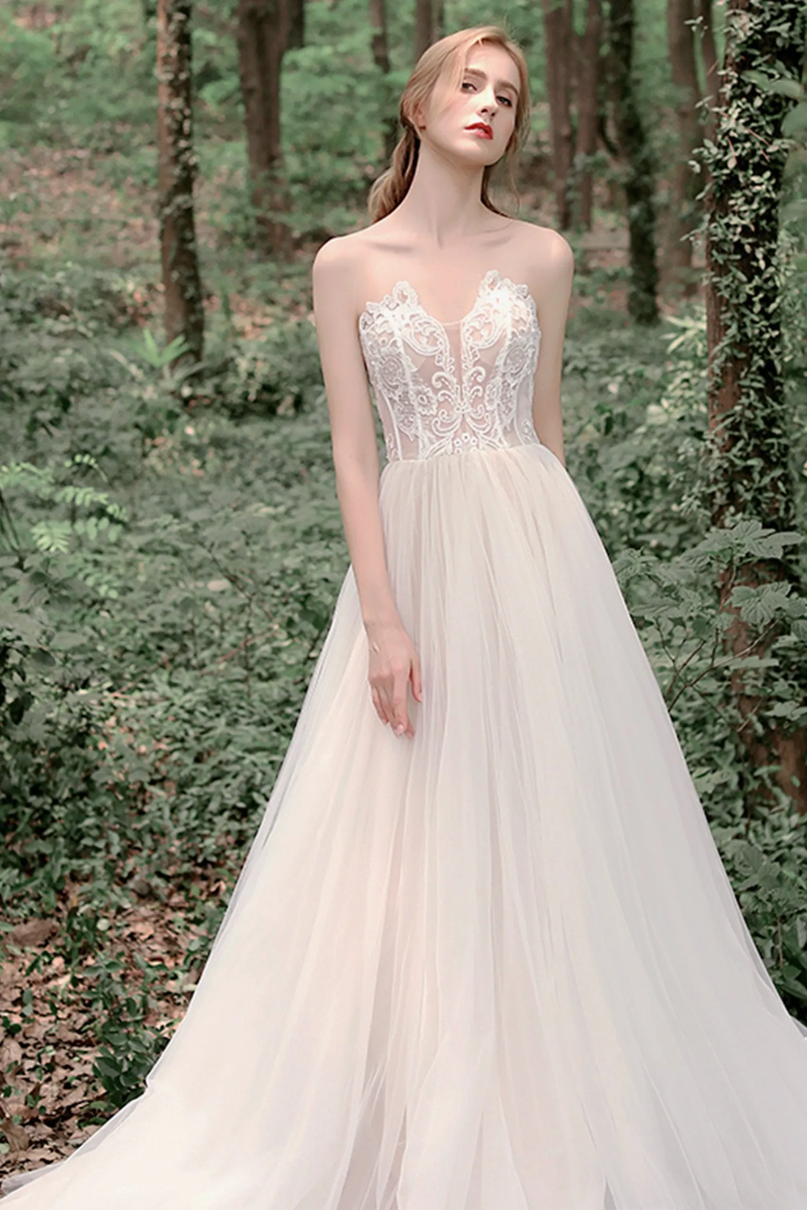 A-Line Sweep-Brush Train Lace Tulle Wedding Dress CW2749 sold by Cocomelody