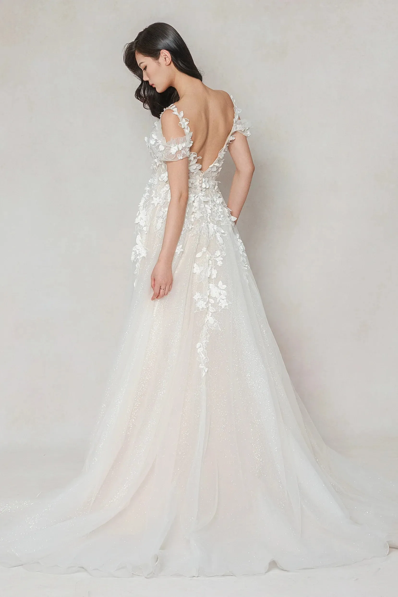 A-Line Sweep-Brush Train Tulle Wedding Dress CW3630 sold by Cocomelody product image thumbnail 2