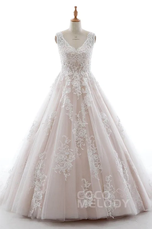 A-Line Court Train Elastic Satin Tulle Wedding Dress LD5565CR made by Cocomelody