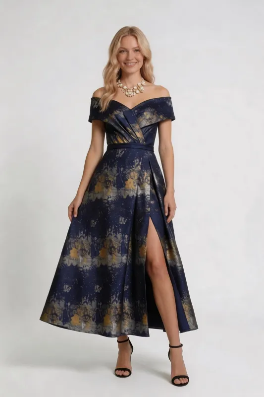 A-Line Tea-Length Jacquard Mother of the Bride Dress CM0429 made by Cocomelody