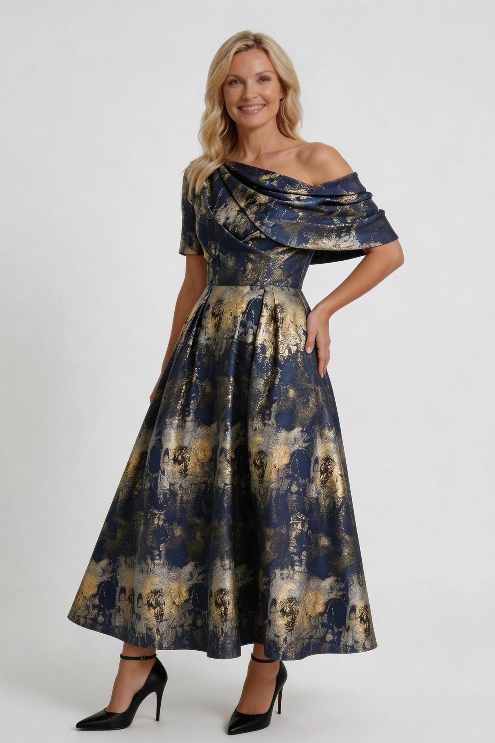 A-Line Tea-Length Jacquard Mother of the Bride Dress CM0428 sold by Cocomelody product image thumbnail 3