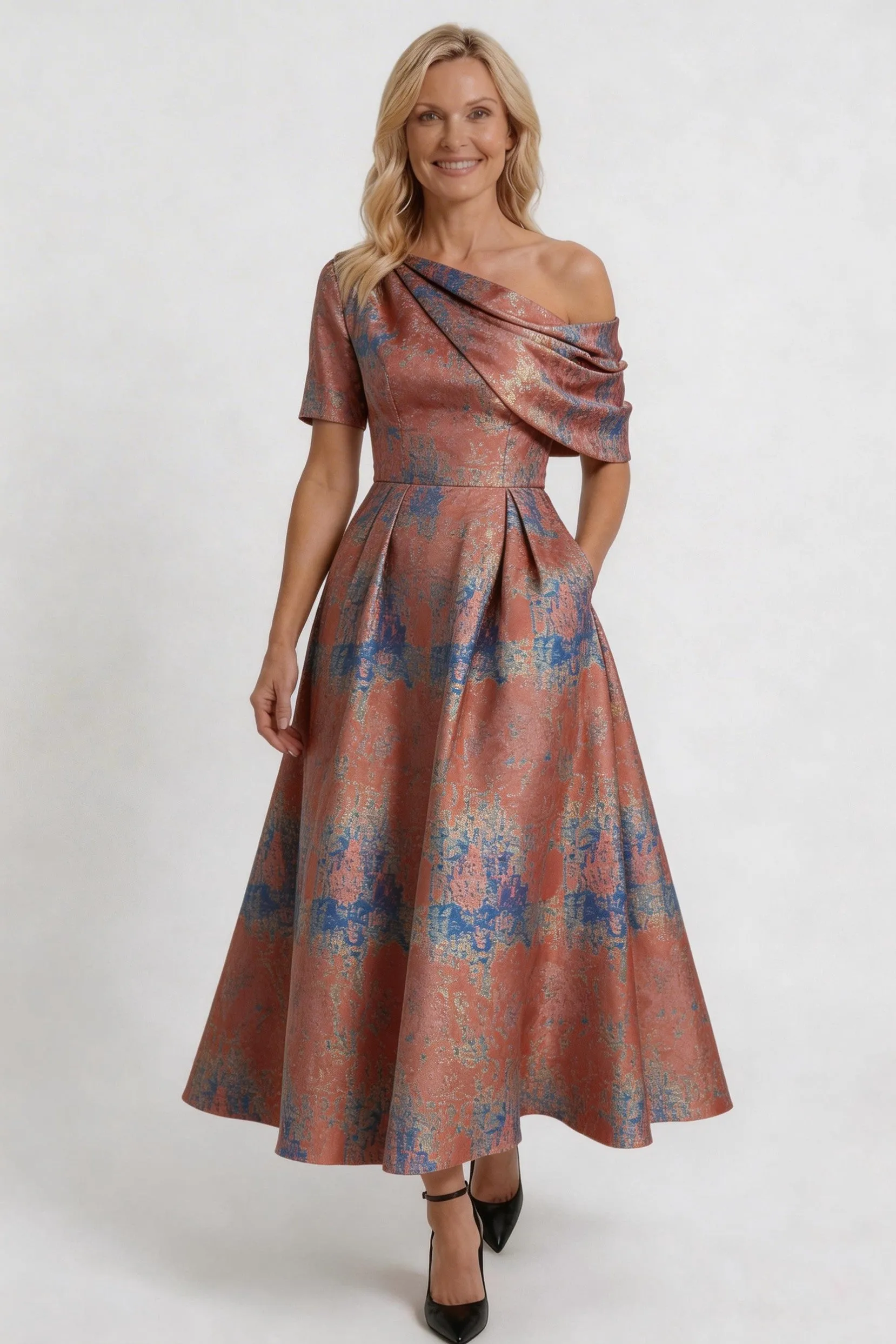 A-Line Tea-Length Jacquard Mother of the Bride Dress CM0428 sold by Cocomelody product image thumbnail 5