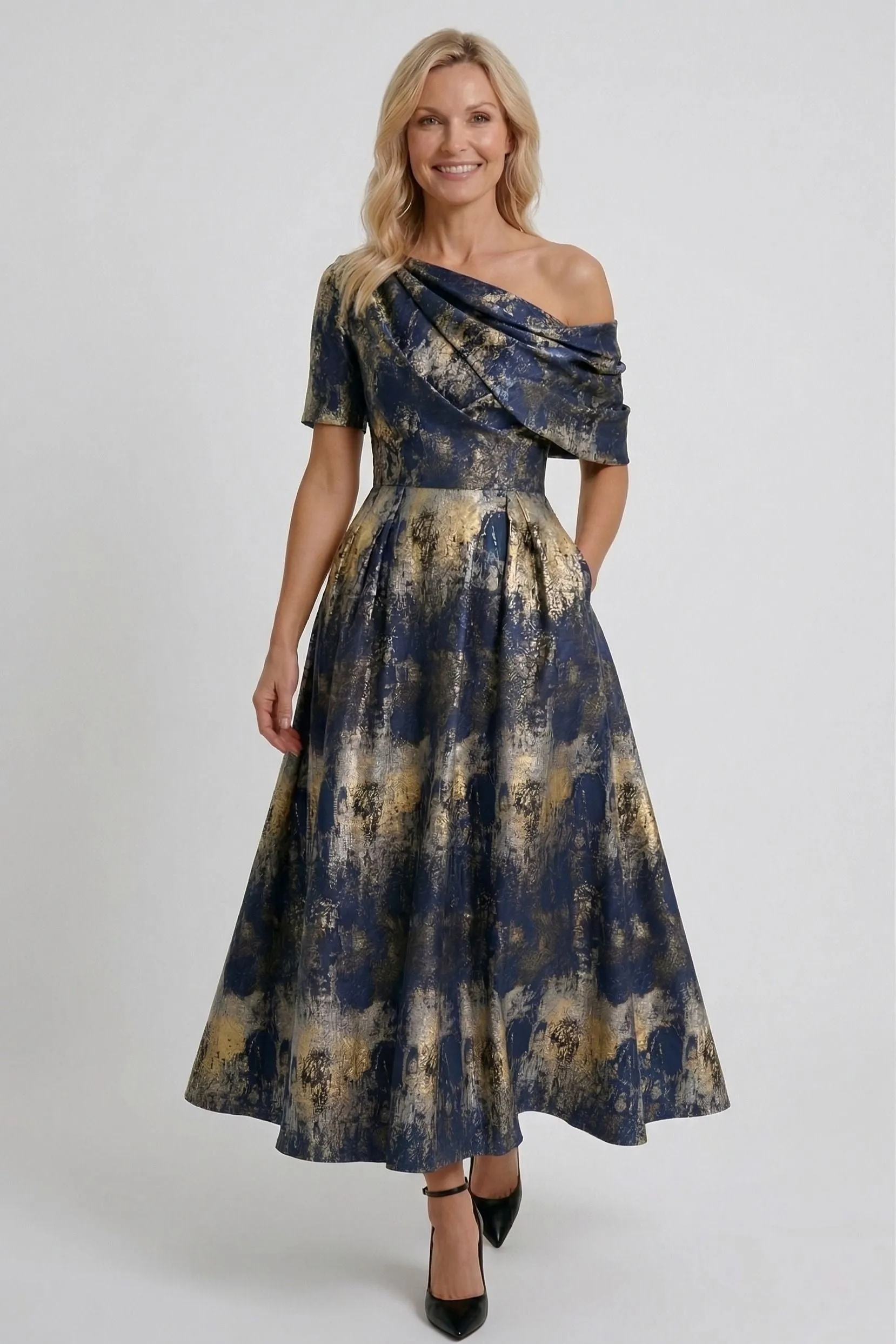 A-Line Tea-Length Jacquard Mother of the Bride Dress CM0428 sold by Cocomelody