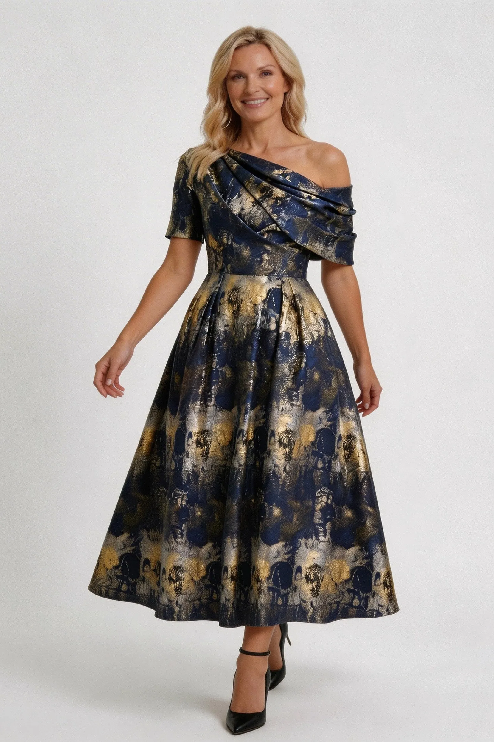 A-Line Tea-Length Jacquard Mother of the Bride Dress CM0428 sold by Cocomelody product image thumbnail 4