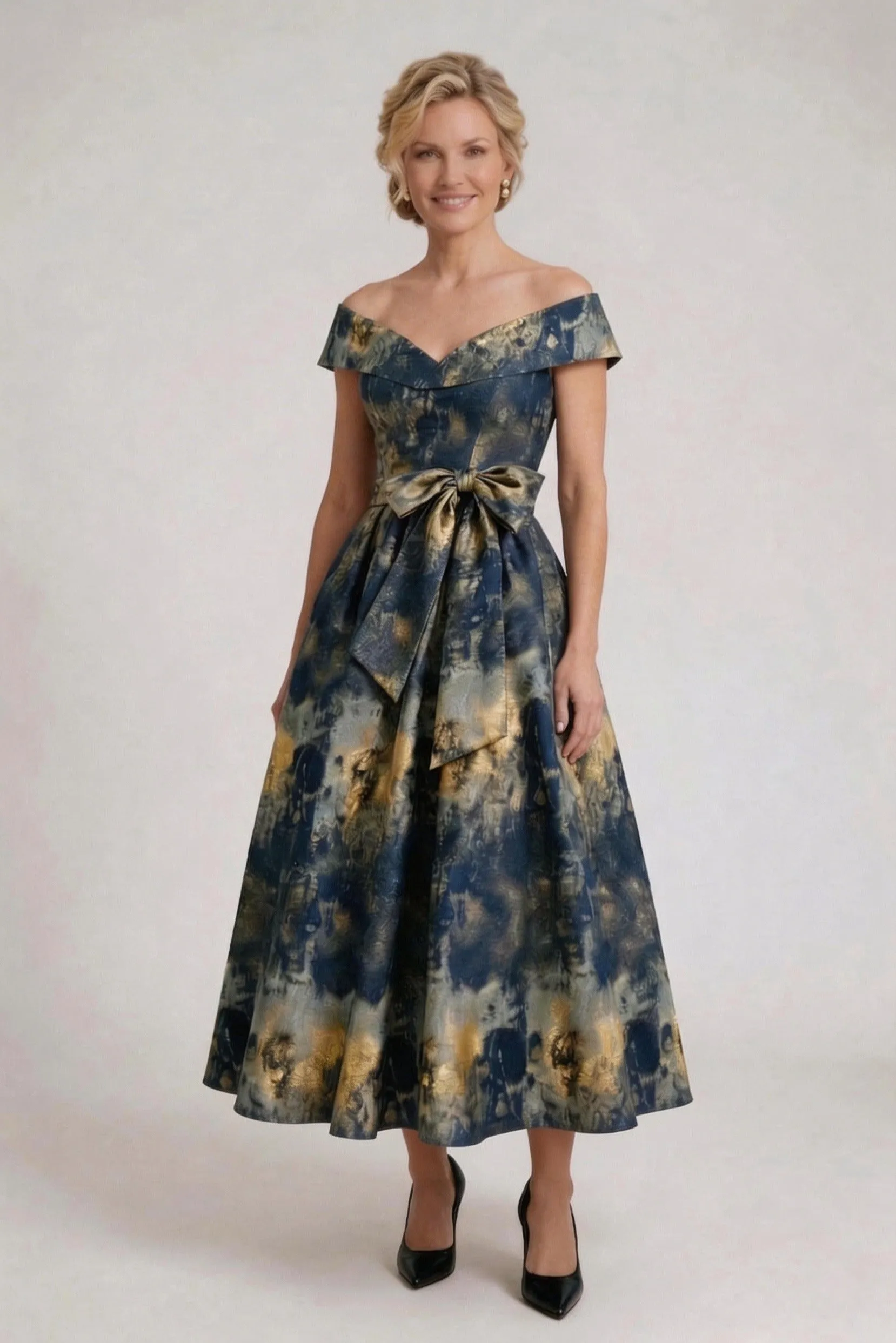 A-Line Tea-Length Jacquard Mother of the Bride Dress CM0427 sold by Cocomelody