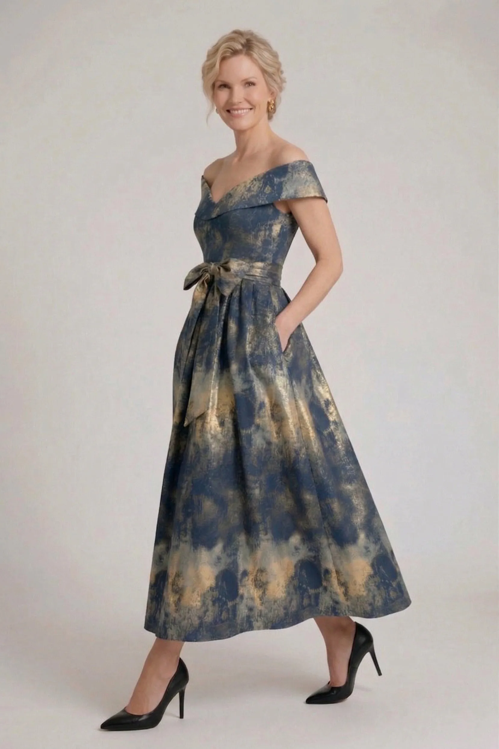 A-Line Tea-Length Jacquard Mother of the Bride Dress CM0427 sold by Cocomelody product image thumbnail 3
