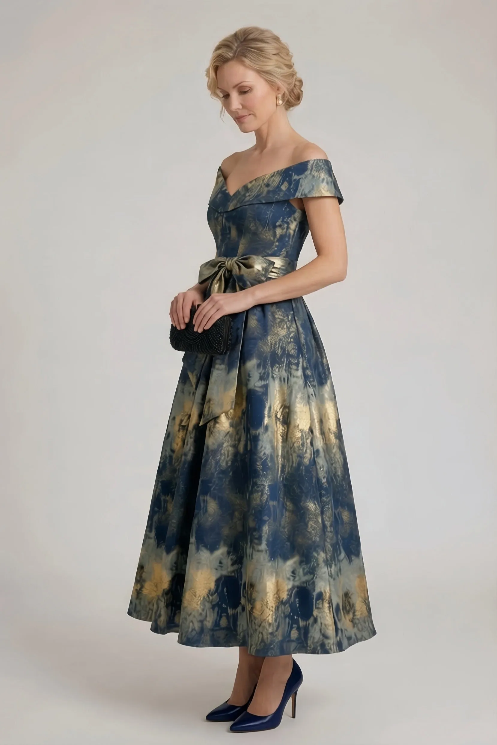 A-Line Tea-Length Jacquard Mother of the Bride Dress CM0427 sold by Cocomelody product image thumbnail 4