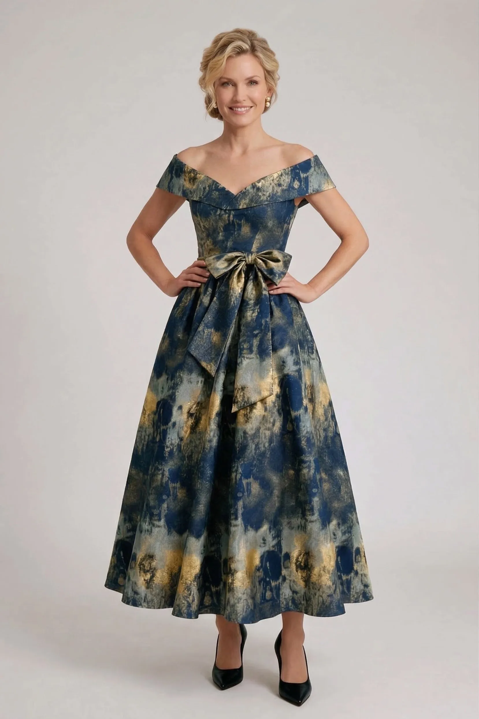 A-Line Tea-Length Jacquard Mother of the Bride Dress CM0427 sold by Cocomelody product image thumbnail 5