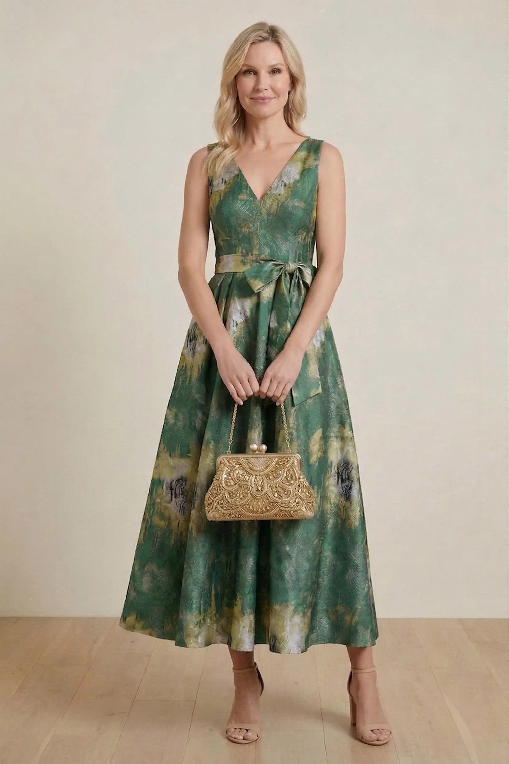 A-Line Tea-Length Jacquard Mother of the Bride Dress CM0425 sold by Cocomelody product image thumbnail 4