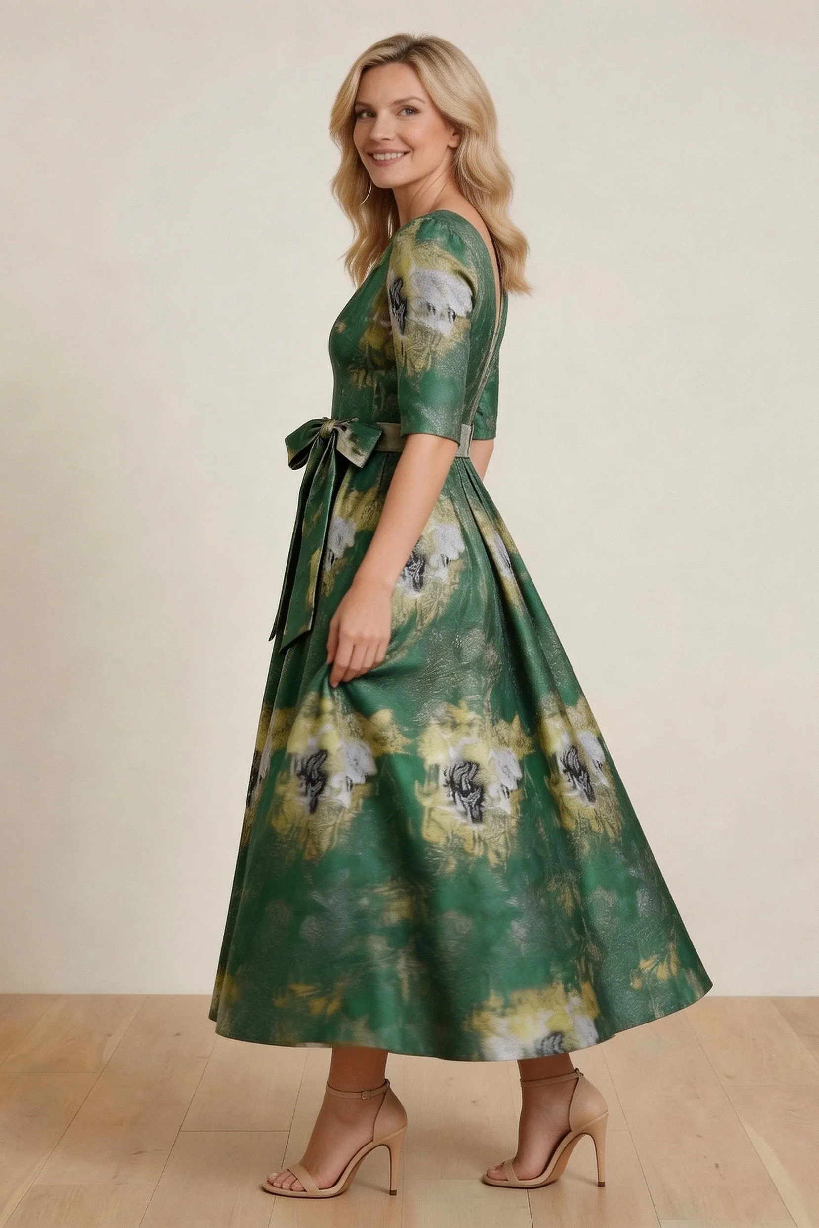 A-Line Tea-Length Jacquard Mother of the Bride Dress CM0424 sold by Cocomelody product image thumbnail 4