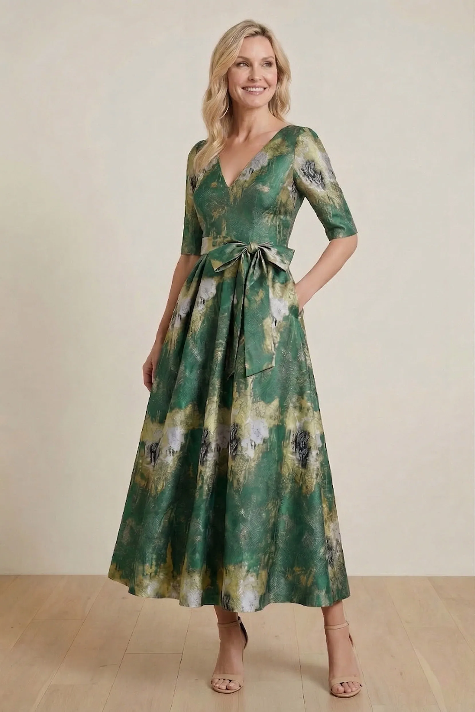 A-Line Tea-Length Jacquard Mother of the Bride Dress CM0424 sold by Cocomelody product image thumbnail 3