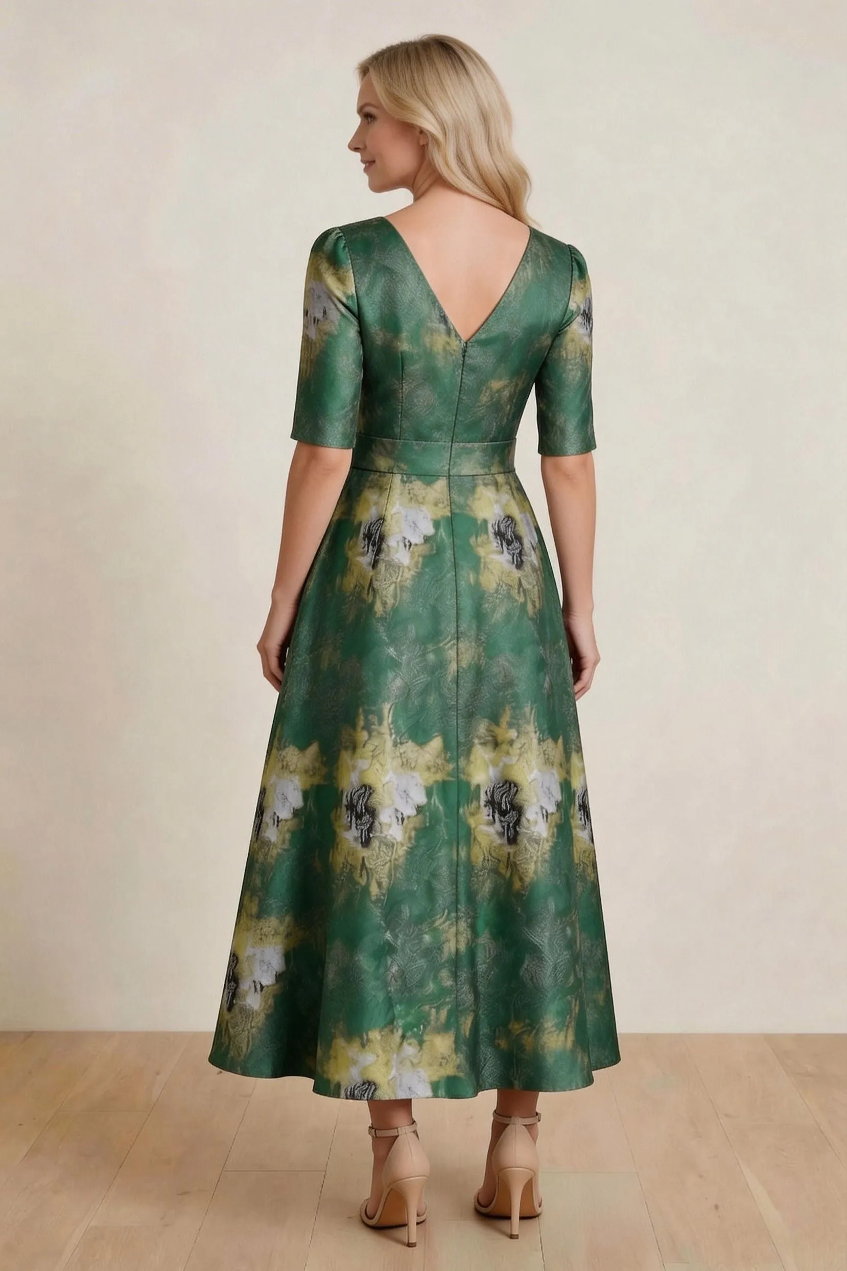 A-Line Tea-Length Jacquard Mother of the Bride Dress CM0424 sold by Cocomelody product image thumbnail 2