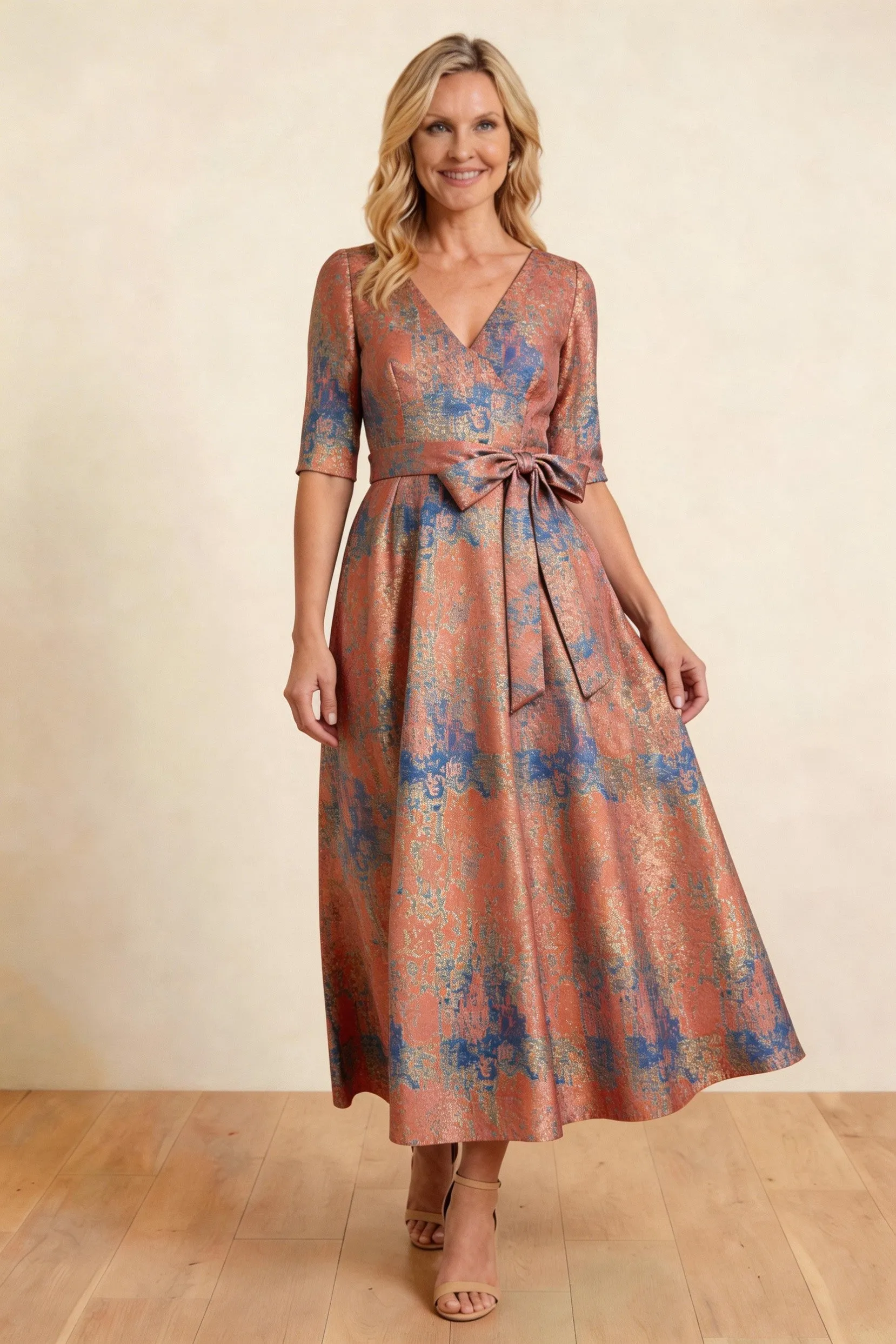 A-Line Tea-Length Jacquard Mother of the Bride Dress CM0424 sold by Cocomelody product image thumbnail 5