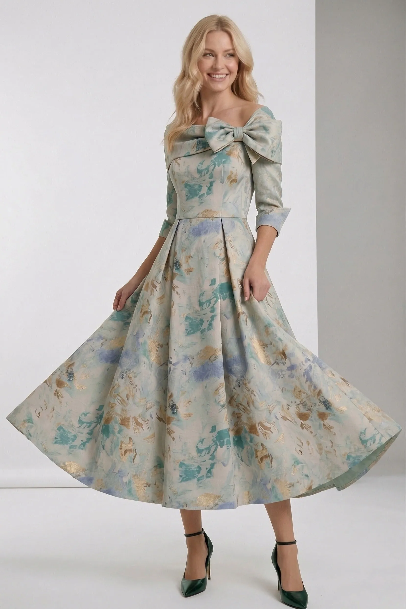 A-Line Tea-Length Jacquard Mother of the Bride Dress CM0418 sold by Cocomelody product image thumbnail 4