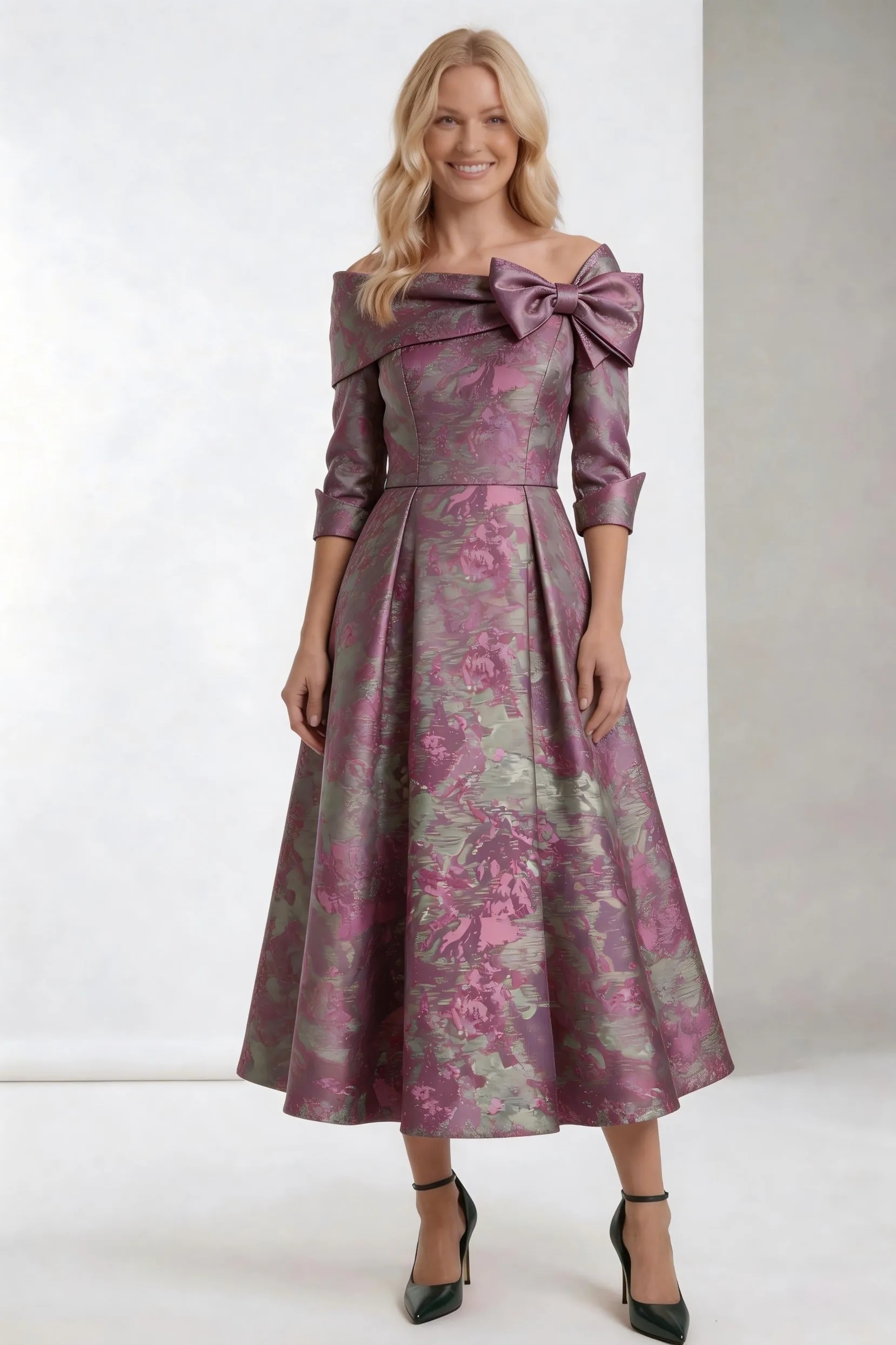 A-Line Tea-Length Jacquard Mother of the Bride Dress CM0418 sold by Cocomelody product image thumbnail 3