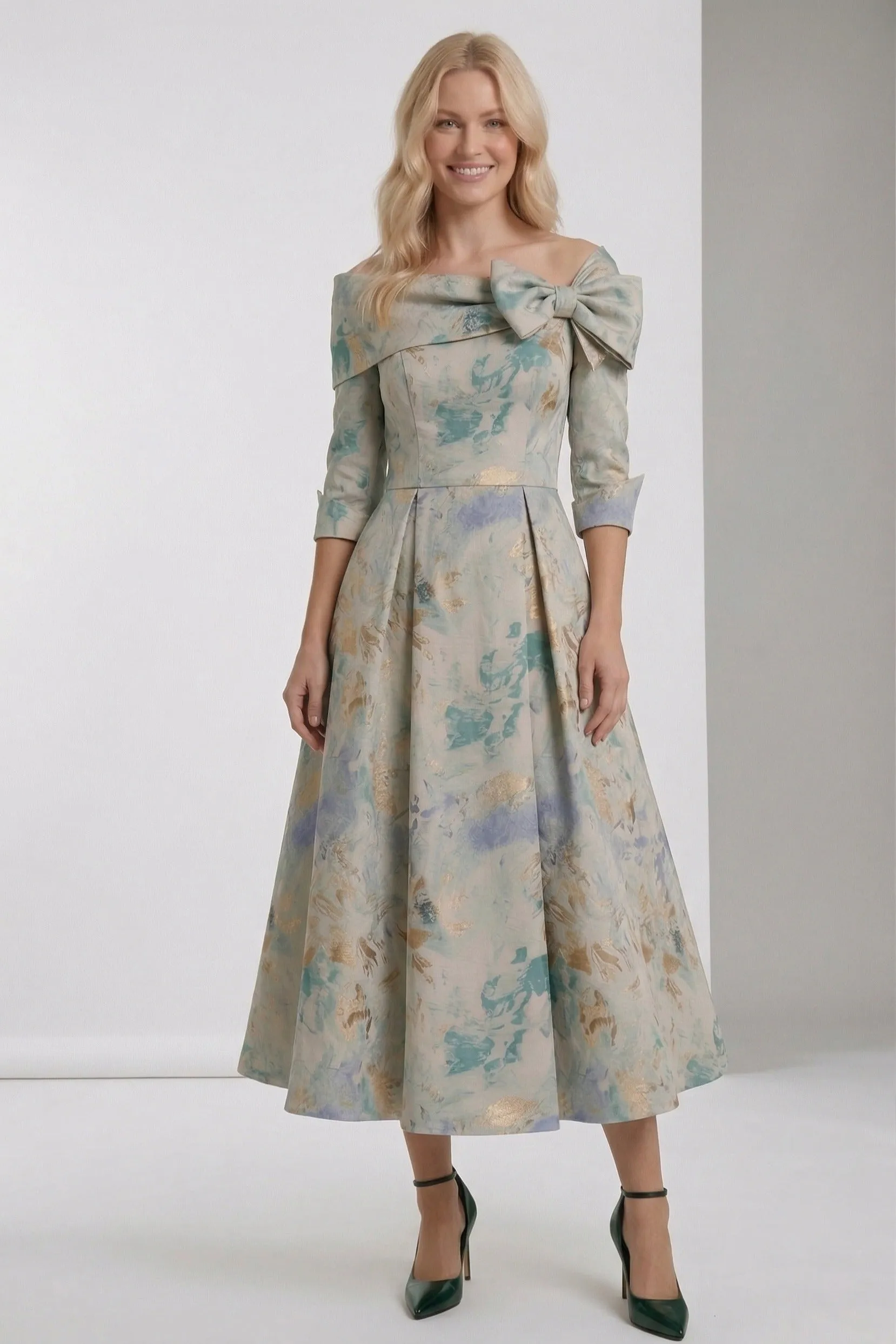 A-Line Tea-Length Jacquard Mother of the Bride Dress CM0418 sold by Cocomelody