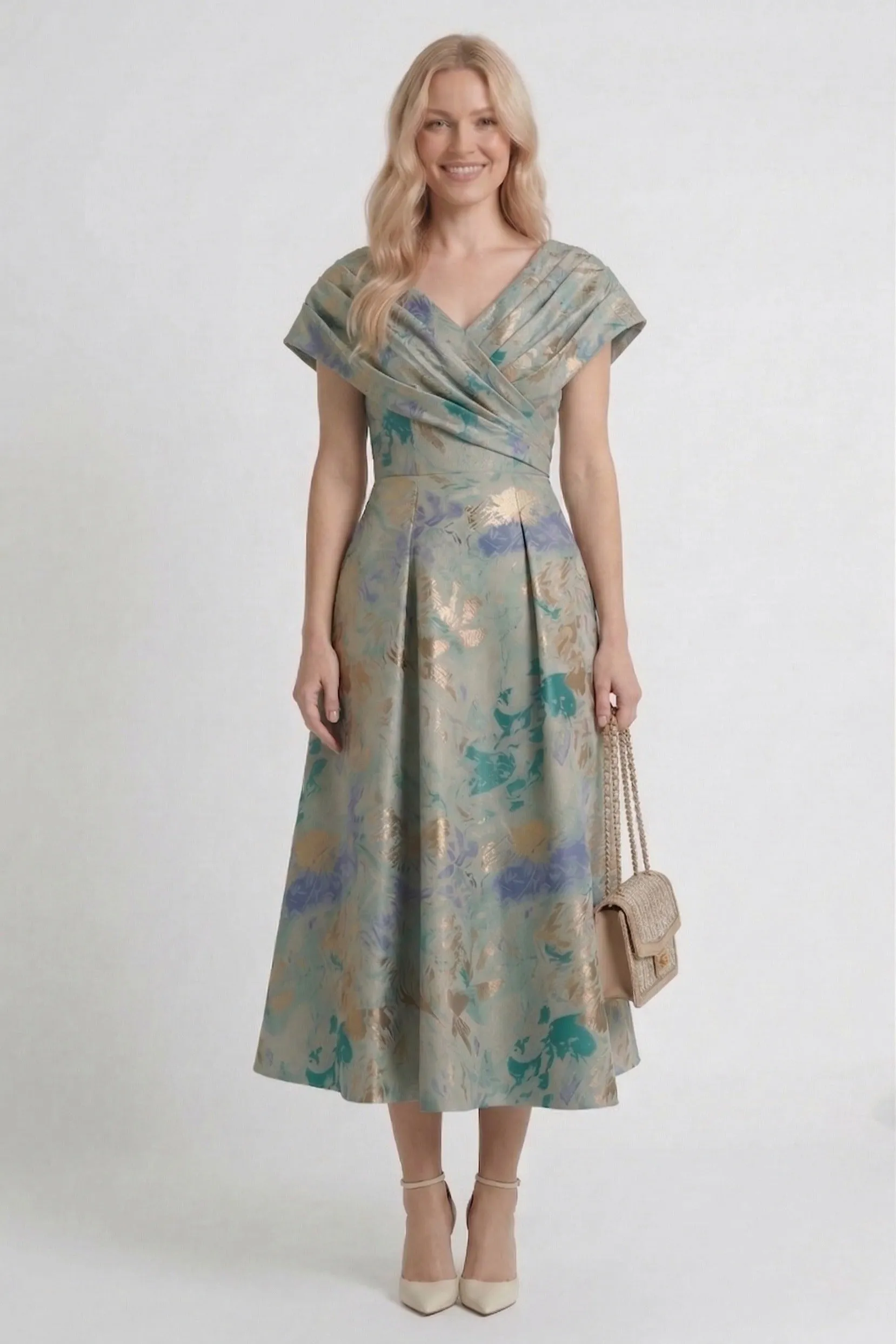 A-Line Tea-Length Jacquard Mother of the Bride Dress CM0417 sold by Cocomelody