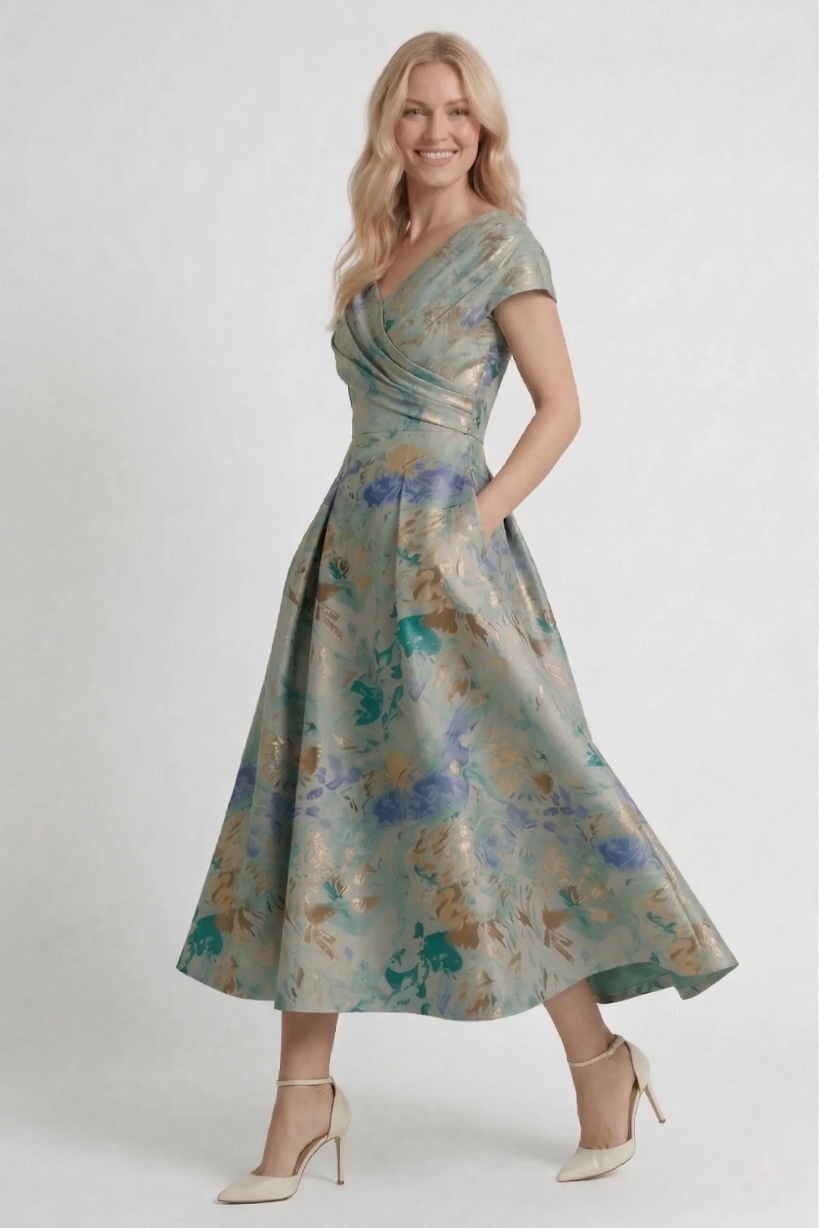 A-Line Tea-Length Jacquard Mother of the Bride Dress CM0417 sold by Cocomelody product image thumbnail 3