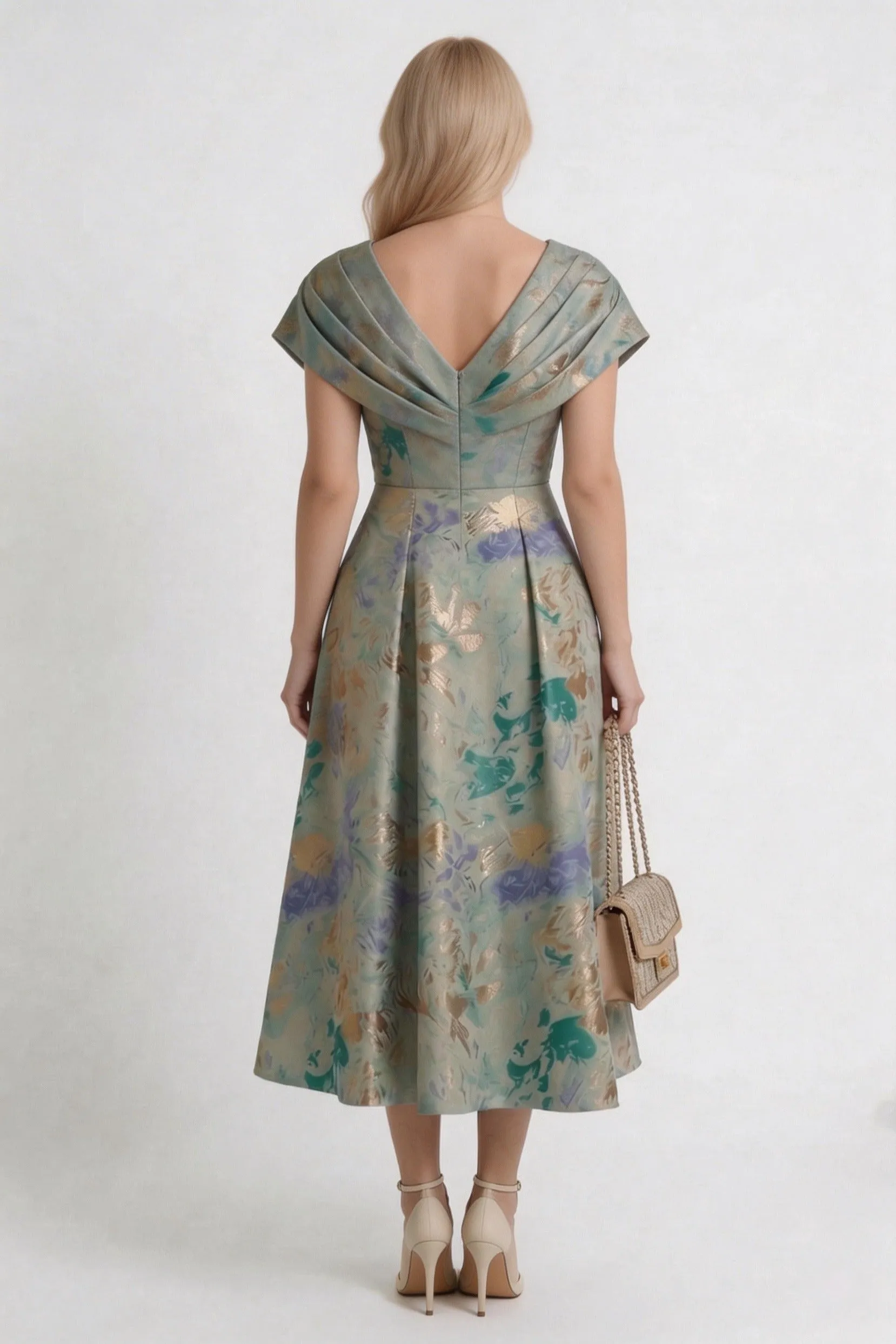 A-Line Tea-Length Jacquard Mother of the Bride Dress CM0417 sold by Cocomelody product image thumbnail 2