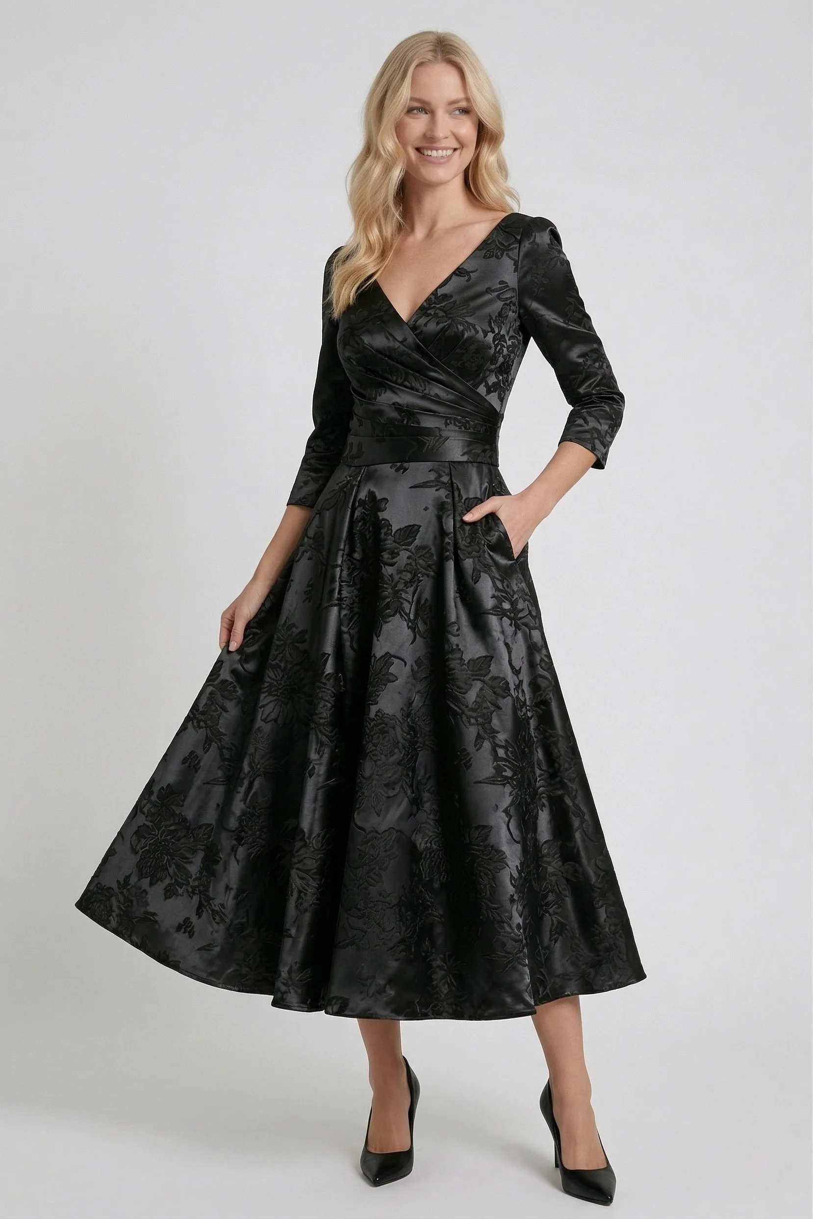 A-Line Tea-Length Jacquard Mother of the Bride Dress CM0415 sold by Cocomelody