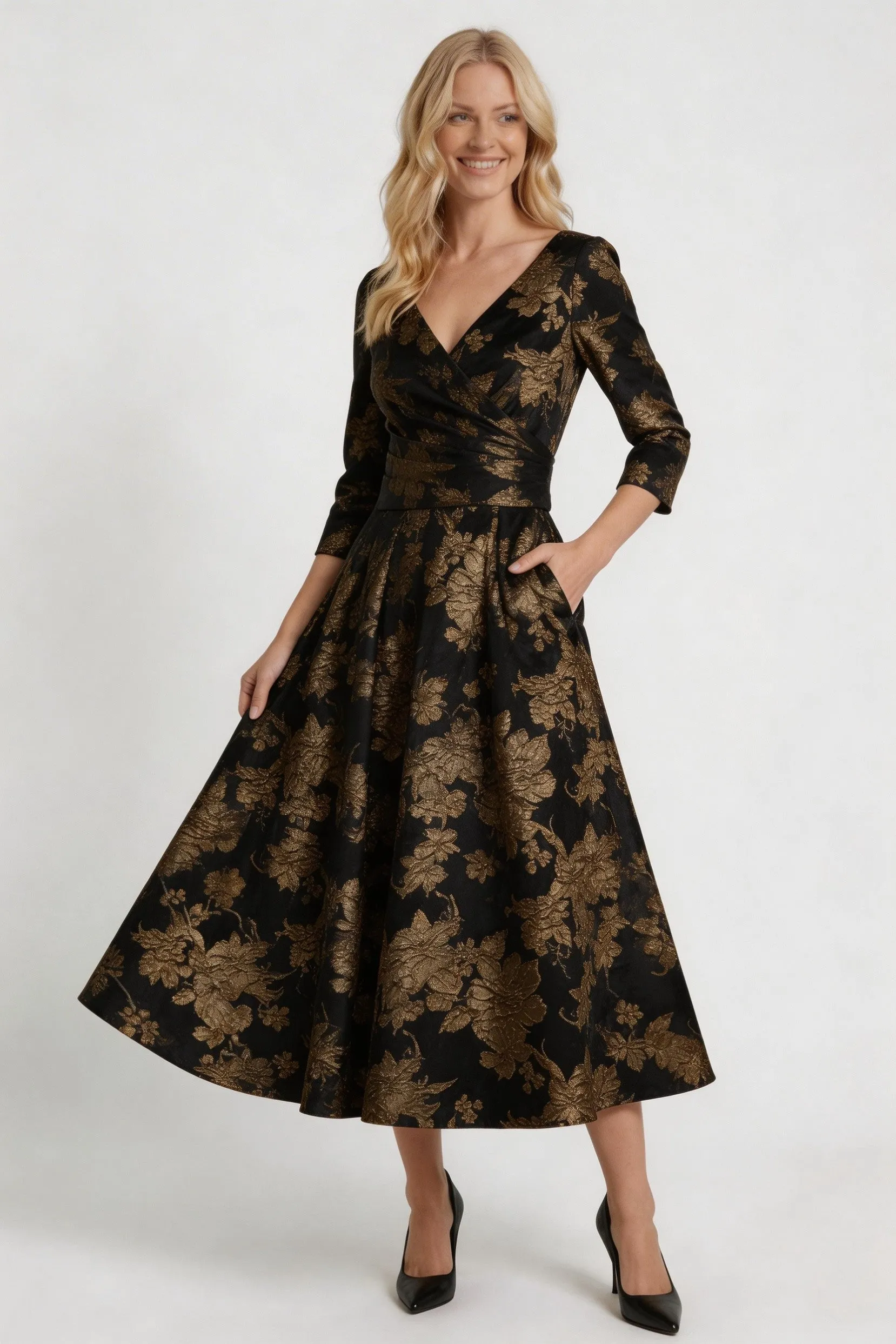 A-Line Tea-Length Jacquard Mother of the Bride Dress CM0415 sold by Cocomelody product image thumbnail 4