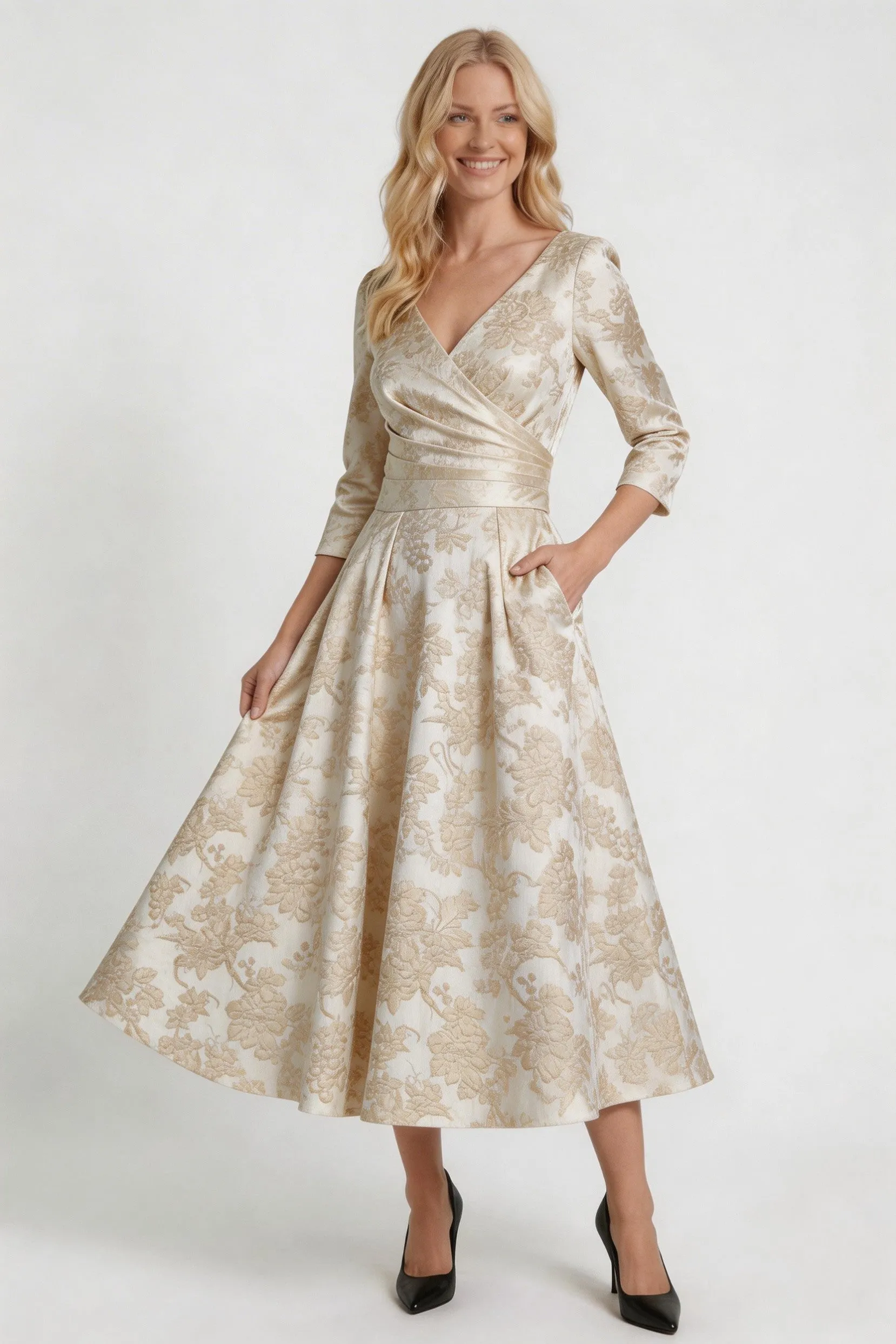 A-Line Tea-Length Jacquard Mother of the Bride Dress CM0415 sold by Cocomelody product image thumbnail 3