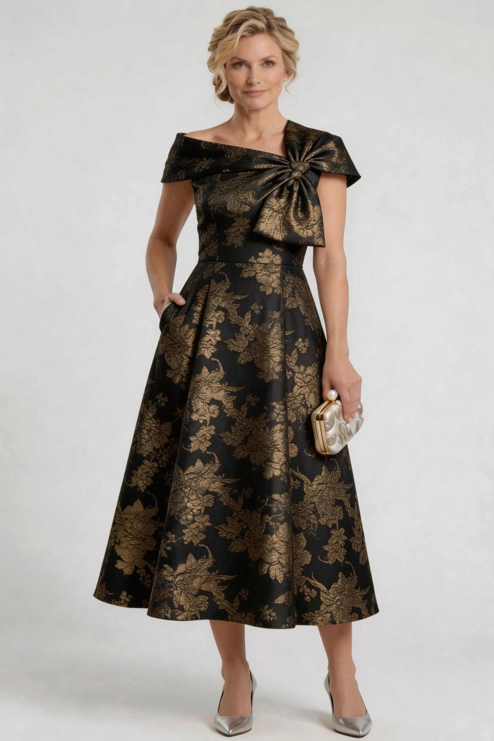 A-Line Tea Length Jacquard Mother of the Bride Dress CM0413 sold by Cocomelody product image thumbnail 4