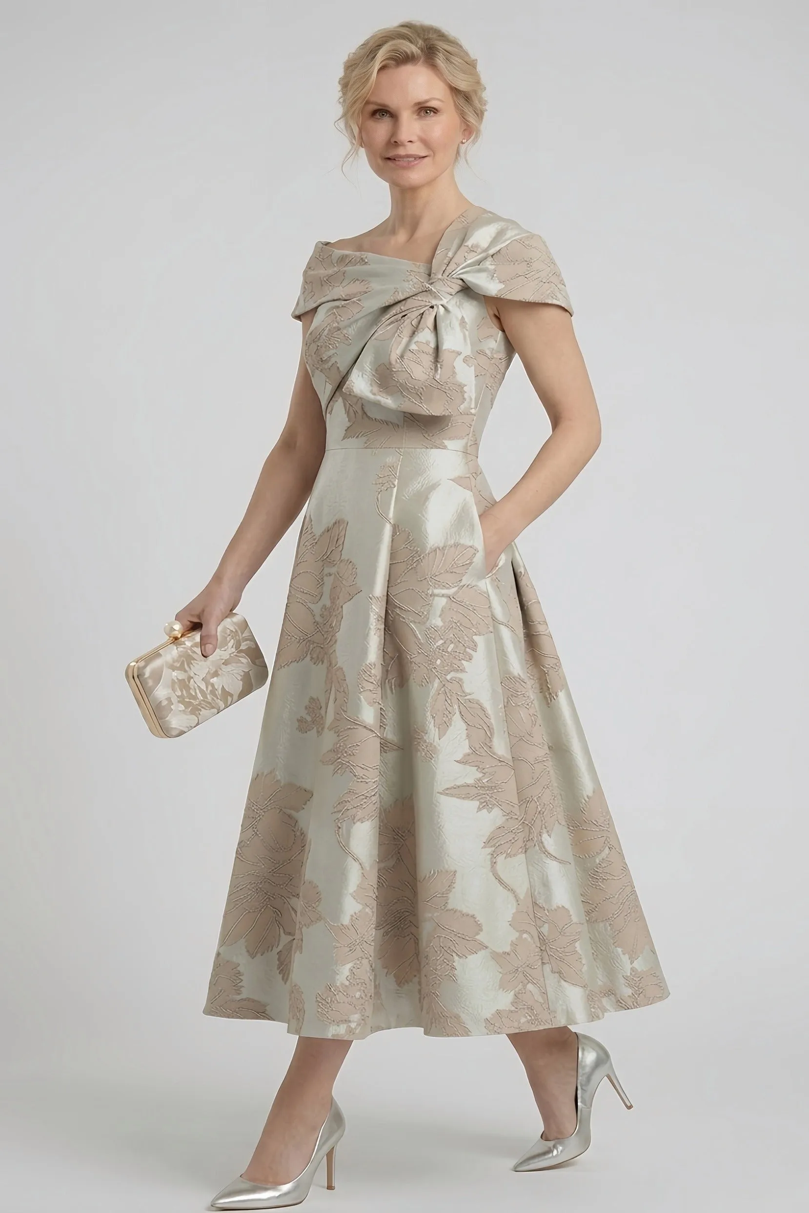 A-Line Tea Length Jacquard Mother of the Bride Dress CM0413 sold by Cocomelody product image thumbnail 3