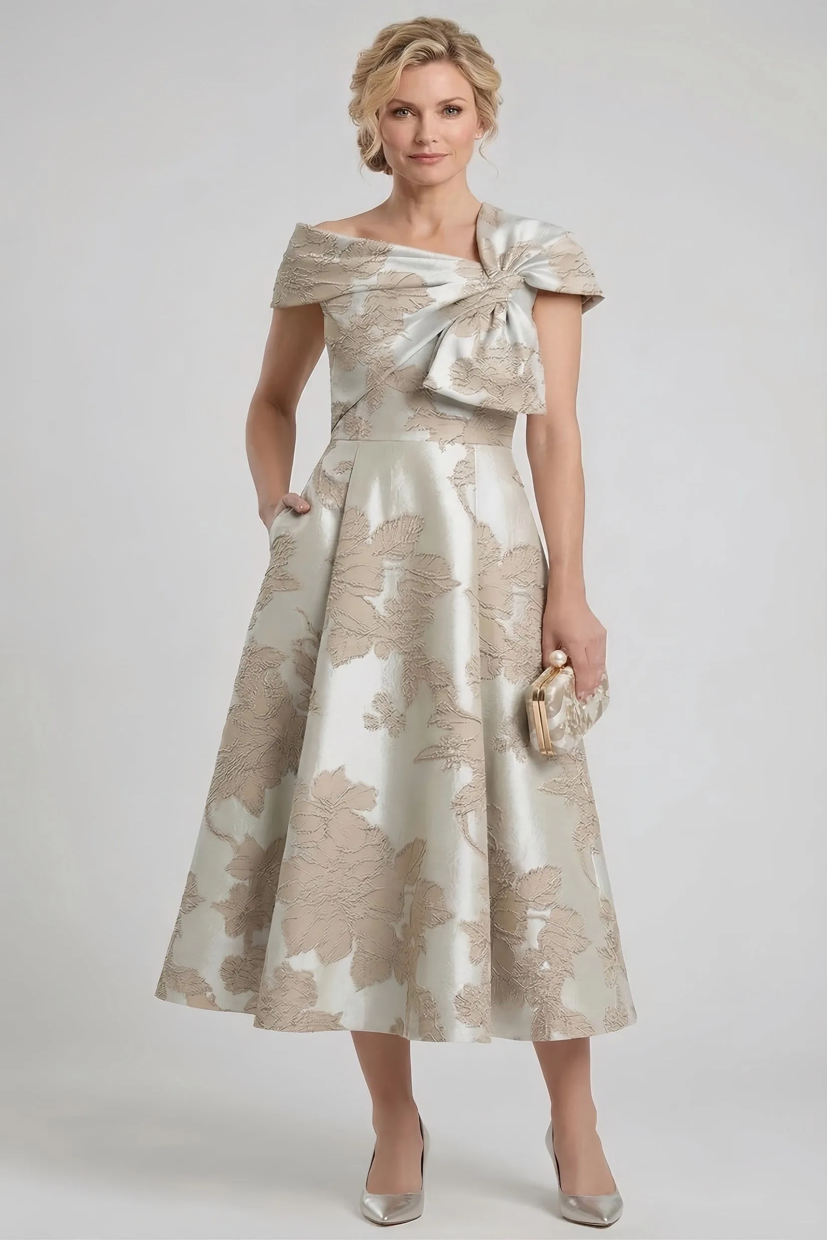 A-Line Tea Length Jacquard Mother of the Bride Dress CM0413 sold by Cocomelody