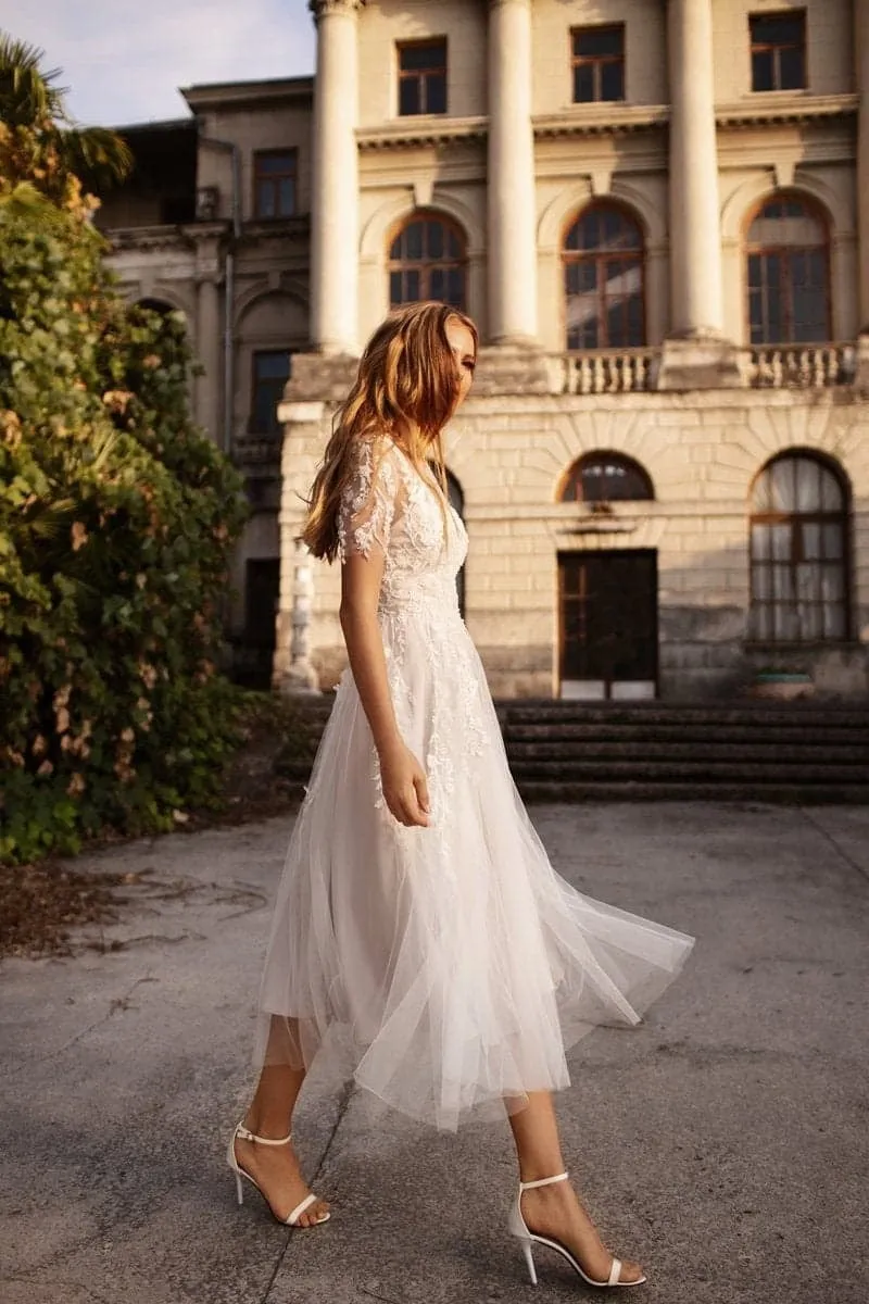 A-Line Tea Length Lace Tulle Wedding Dress CW3427CR sold by Cocomelody product image thumbnail 4