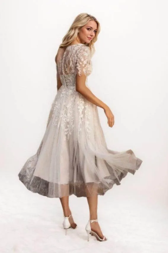 A-Line Tea Length Lace Tulle Wedding Dress CW3427CR sold by Cocomelody product image thumbnail 2