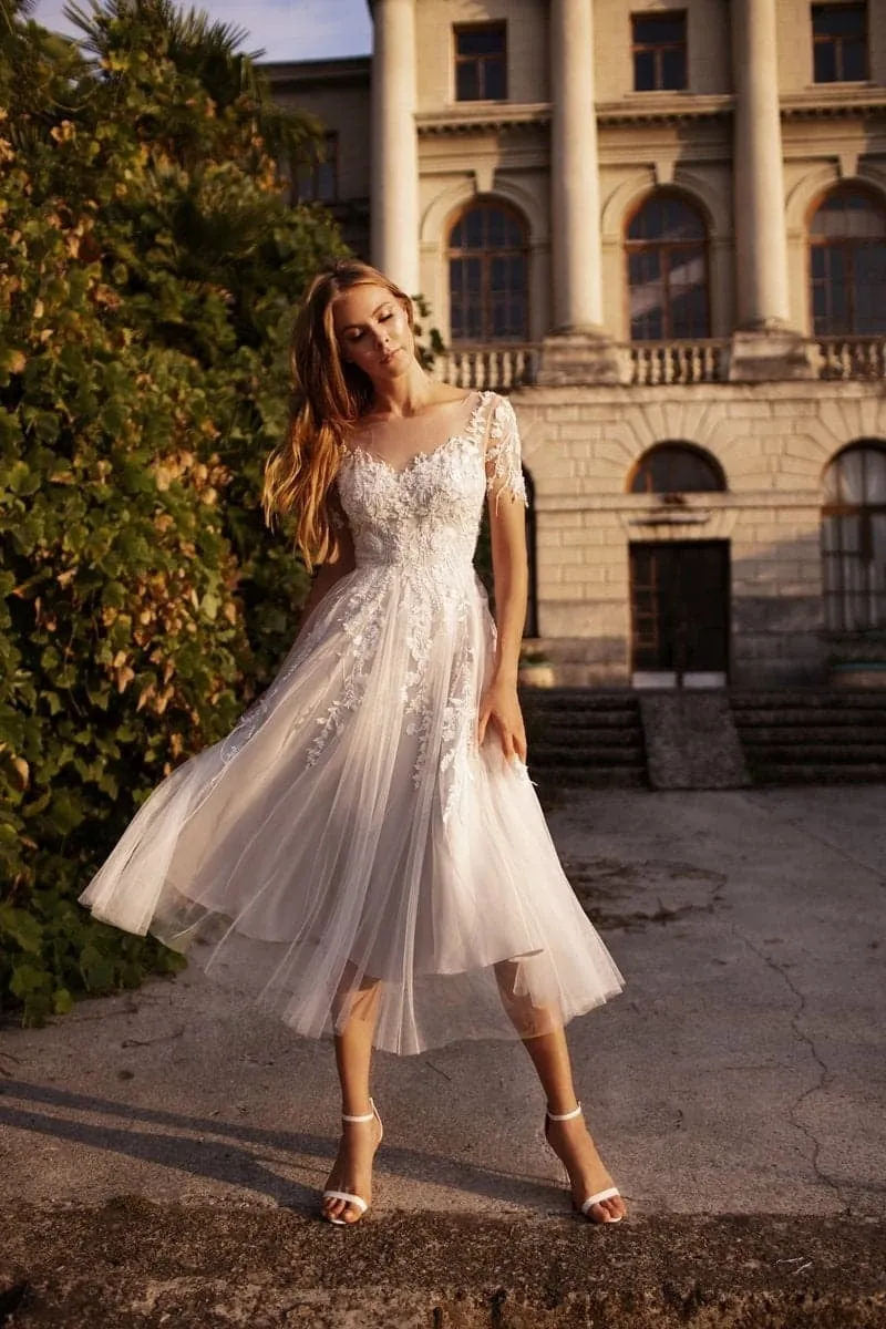 A-Line Tea Length Lace Tulle Wedding Dress CW3427CR sold by Cocomelody product image thumbnail 3