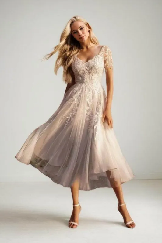 A-Line Tea Length Lace Tulle Wedding Dress CW3427CR made by Cocomelody