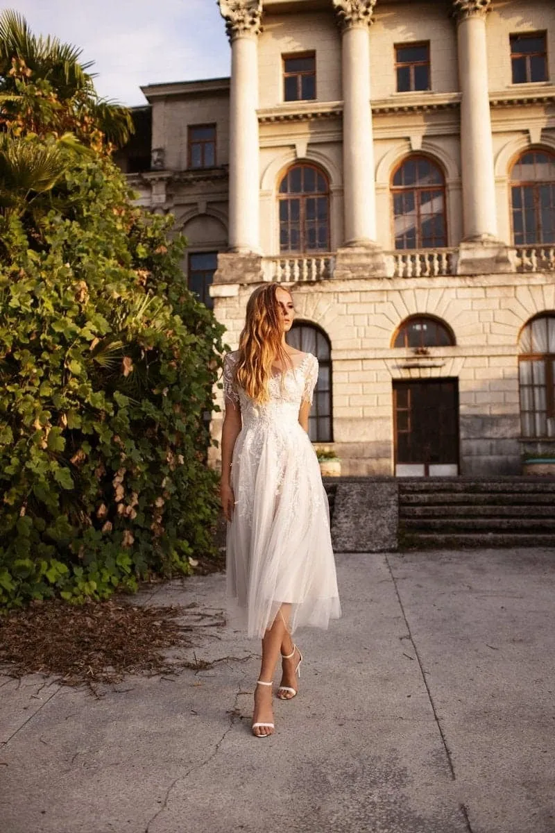 A-Line Tea Length Lace Tulle Wedding Dress CW3427CR sold by Cocomelody product image thumbnail 5