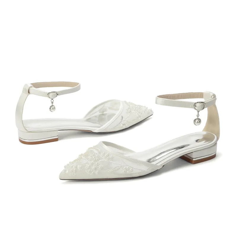 Lace Silk-Like Pearl Embroidered Mesh Flat Shoes CK0498 made by Cocomelody