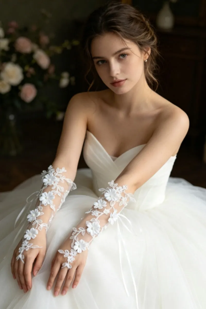 Floral Lace Fingerless Pearl Wedding Gloves 1070895243014 sold by Cocomelody product image thumbnail 3