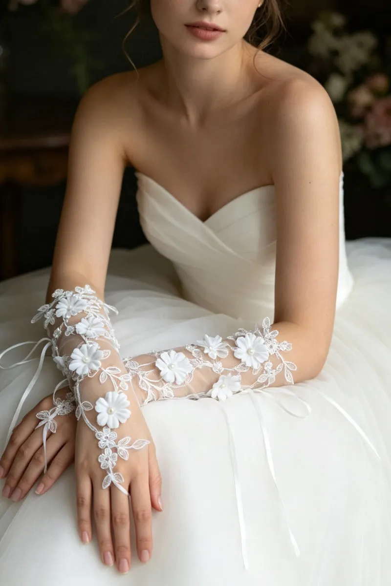 Floral Lace Fingerless Pearl Wedding Gloves 1070895243014 sold by Cocomelody