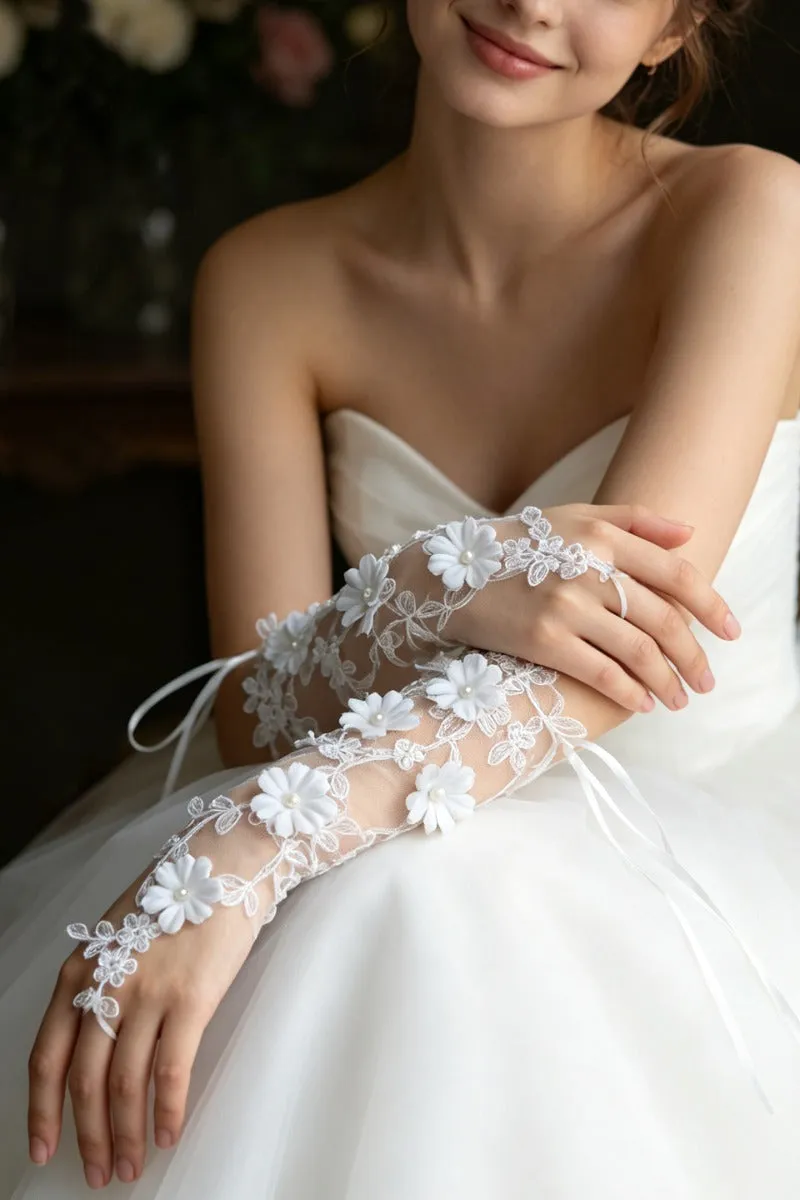 Floral Lace Fingerless Pearl Wedding Gloves 1070895243014 sold by Cocomelody product image thumbnail 2