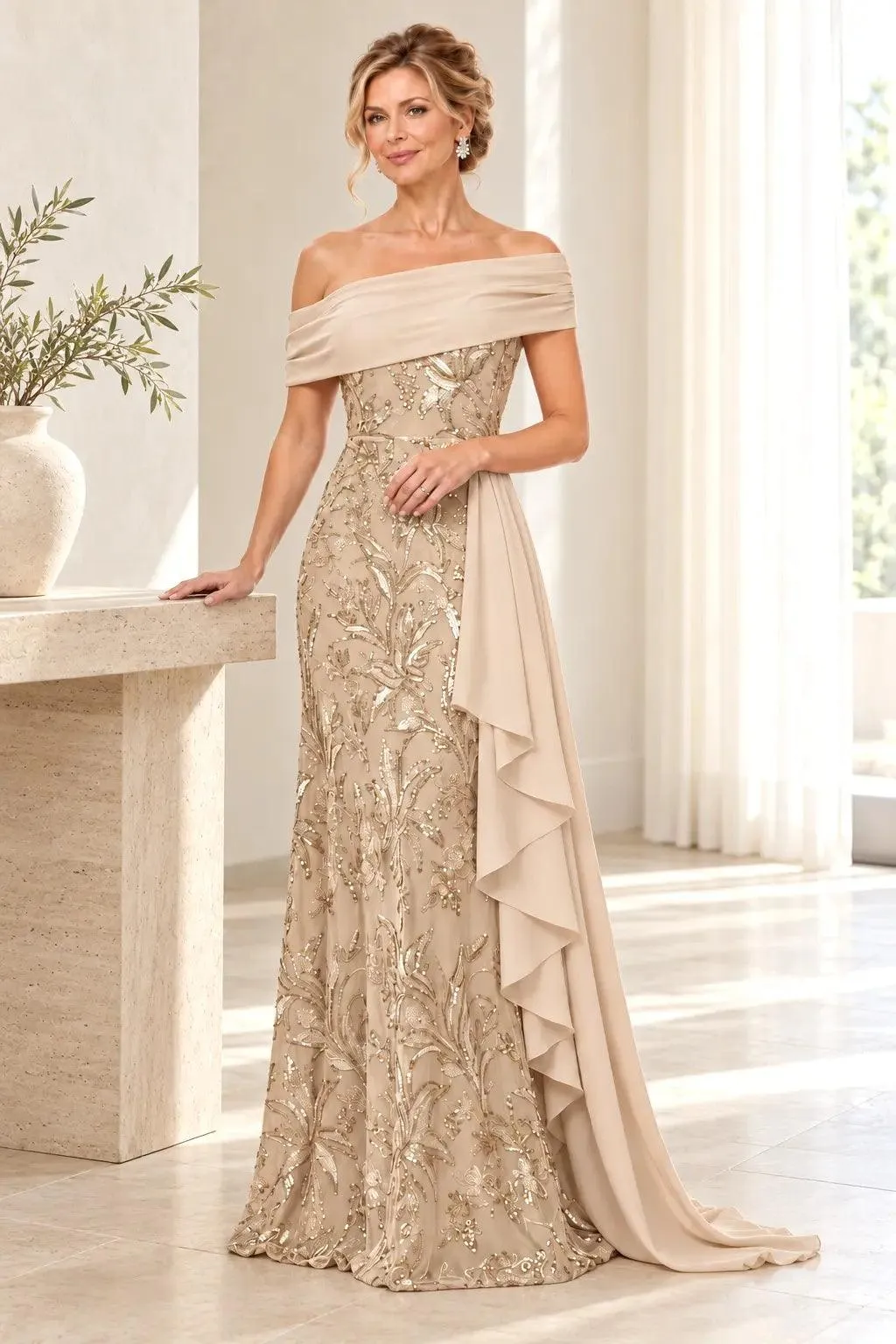 Off-the-Shoulder Ruffled Sequin Chiffon-Draped Sheath Dress CM0539 sold by Cocomelody product image thumbnail 4