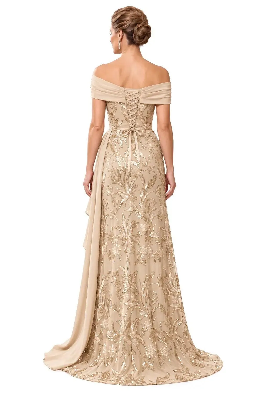 Off-the-Shoulder Ruffled Sequin Chiffon-Draped Sheath Dress CM0539 sold by Cocomelody product image thumbnail 2