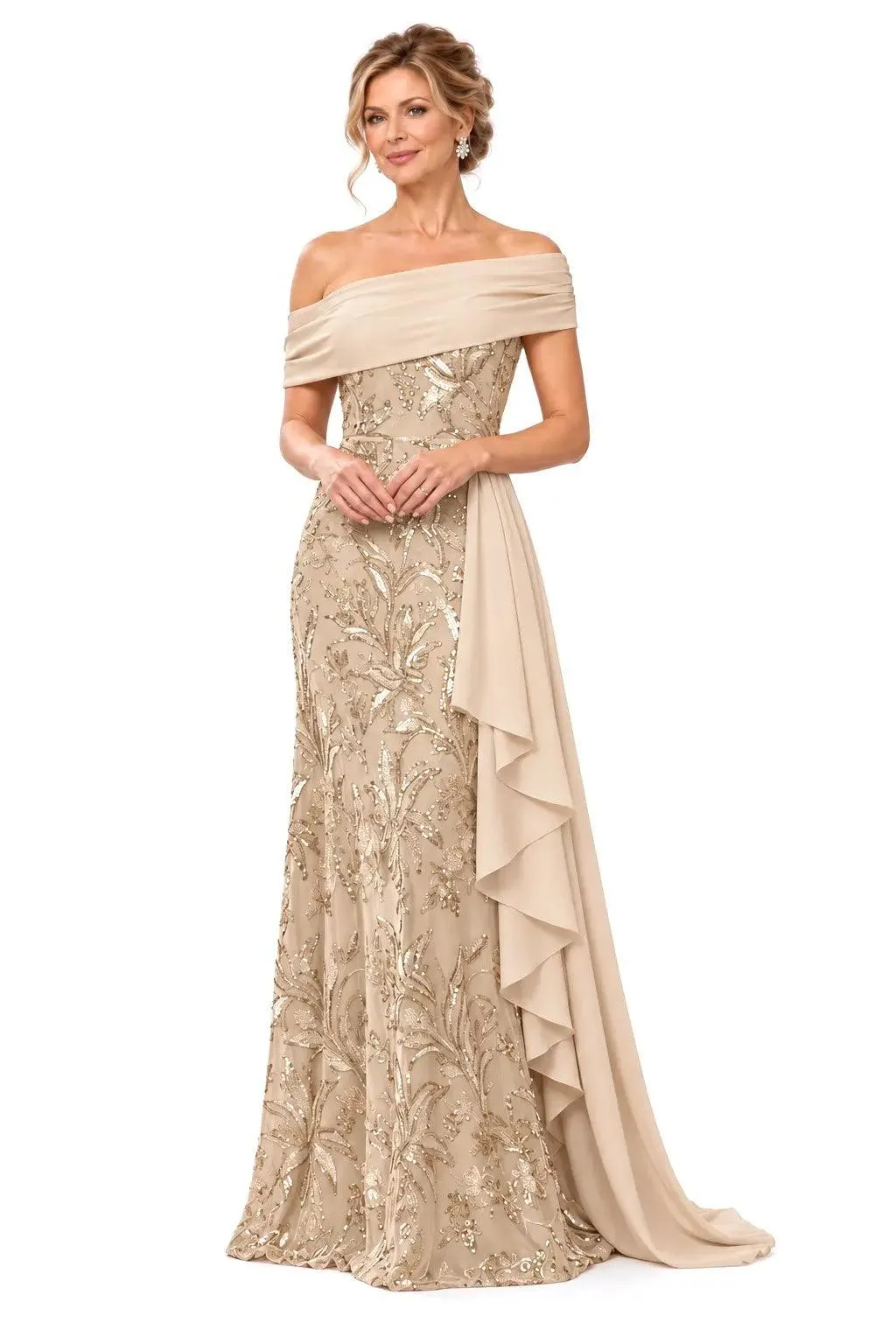 Off-the-Shoulder Ruffled Sequin Chiffon-Draped Sheath Dress CM0539 sold by Cocomelody