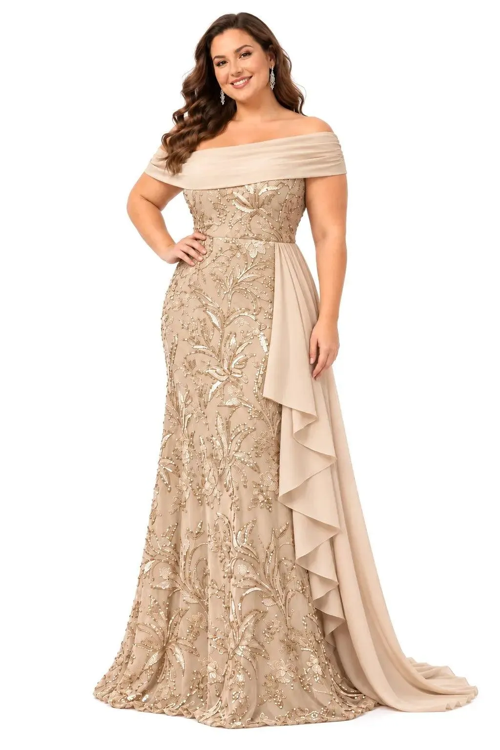 Off-the-Shoulder Ruffled Sequin Chiffon-Draped Sheath Dress CM0539 sold by Cocomelody product image thumbnail 3