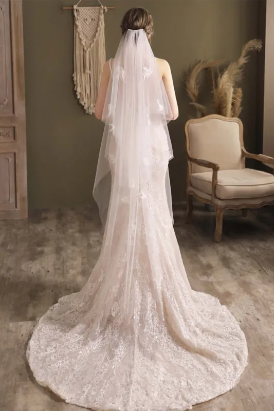 Two-tier Cut Edge Tulle Tea Veils with Appliques CV0295 sold by Cocomelody