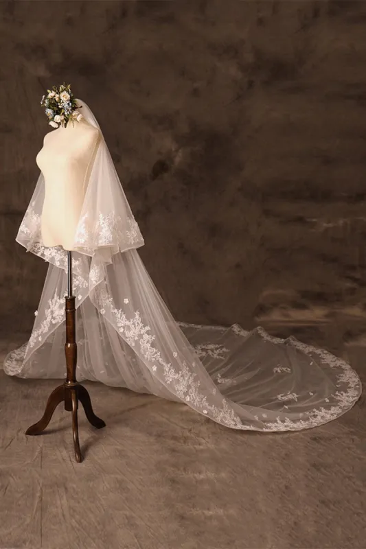 Two-tier Lace Edge Tulle Lace Cathedral Veils with Appliques CV0355 sold by Cocomelody