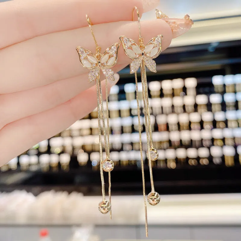 Zircon butterfly fringe earrings Fashion everything earrings 653045976680 made by Cocomelody