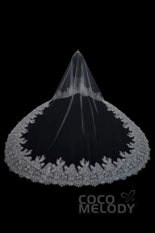 One-tier Lace Edge Tulle Cathedral Veils Appliques AV18001 sold by Cocomelody